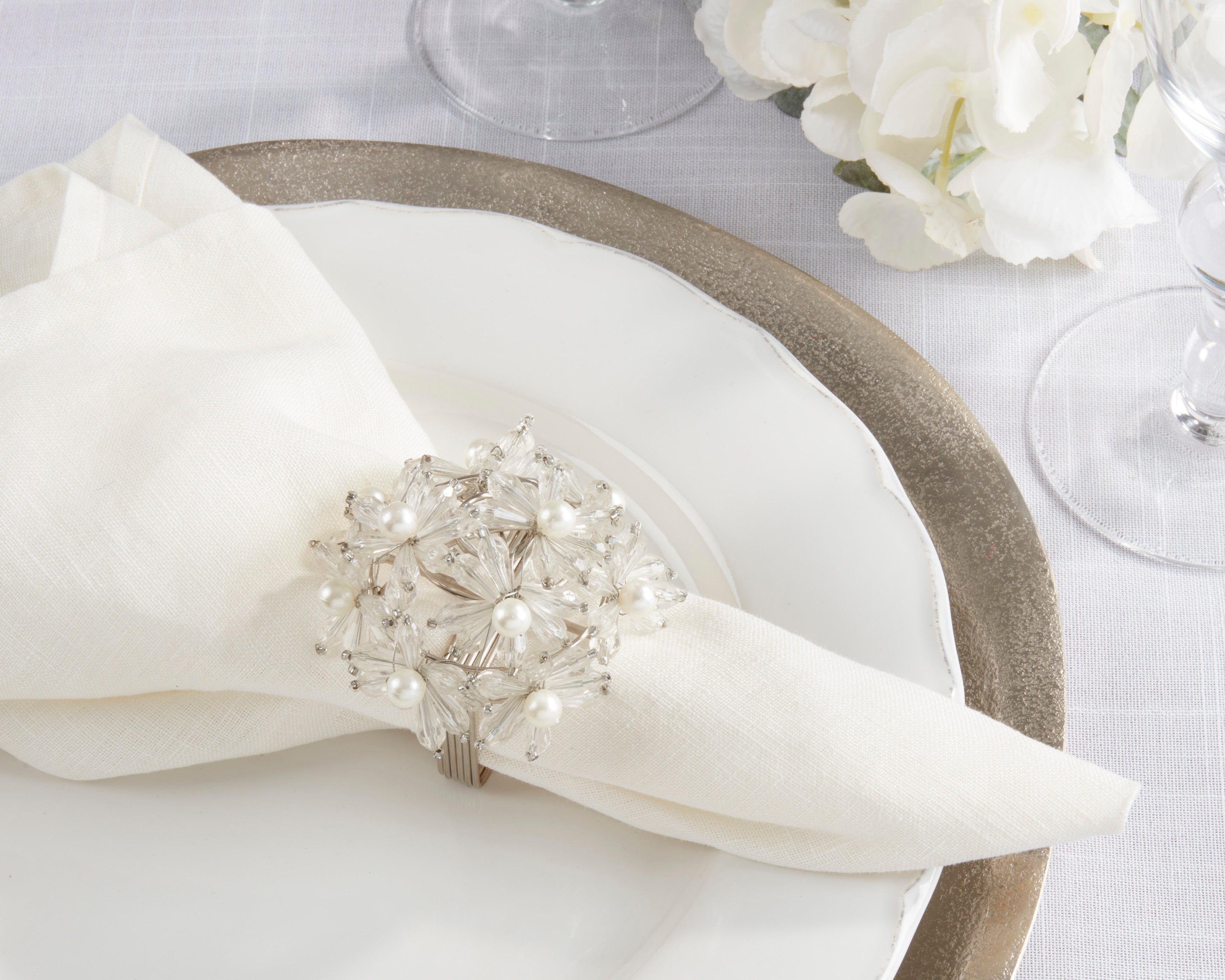 Beaded Floral Napkin Ring, Set of 4