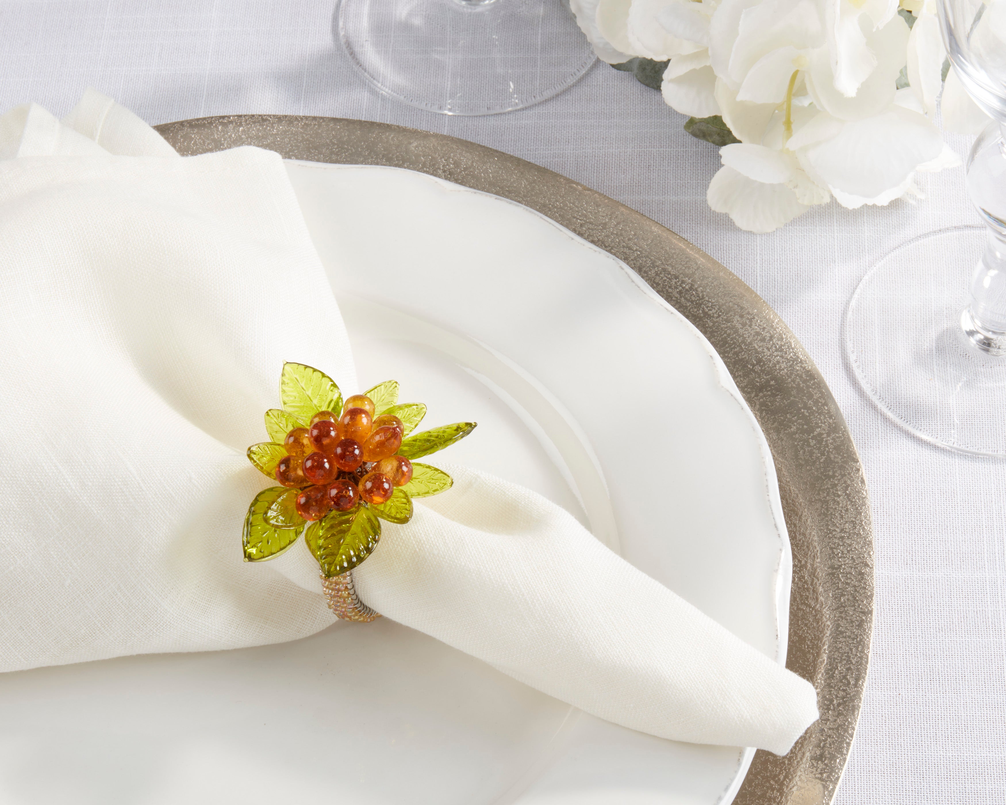 Beaded Napkin Ring With Flower And Leaves, Set of 4
