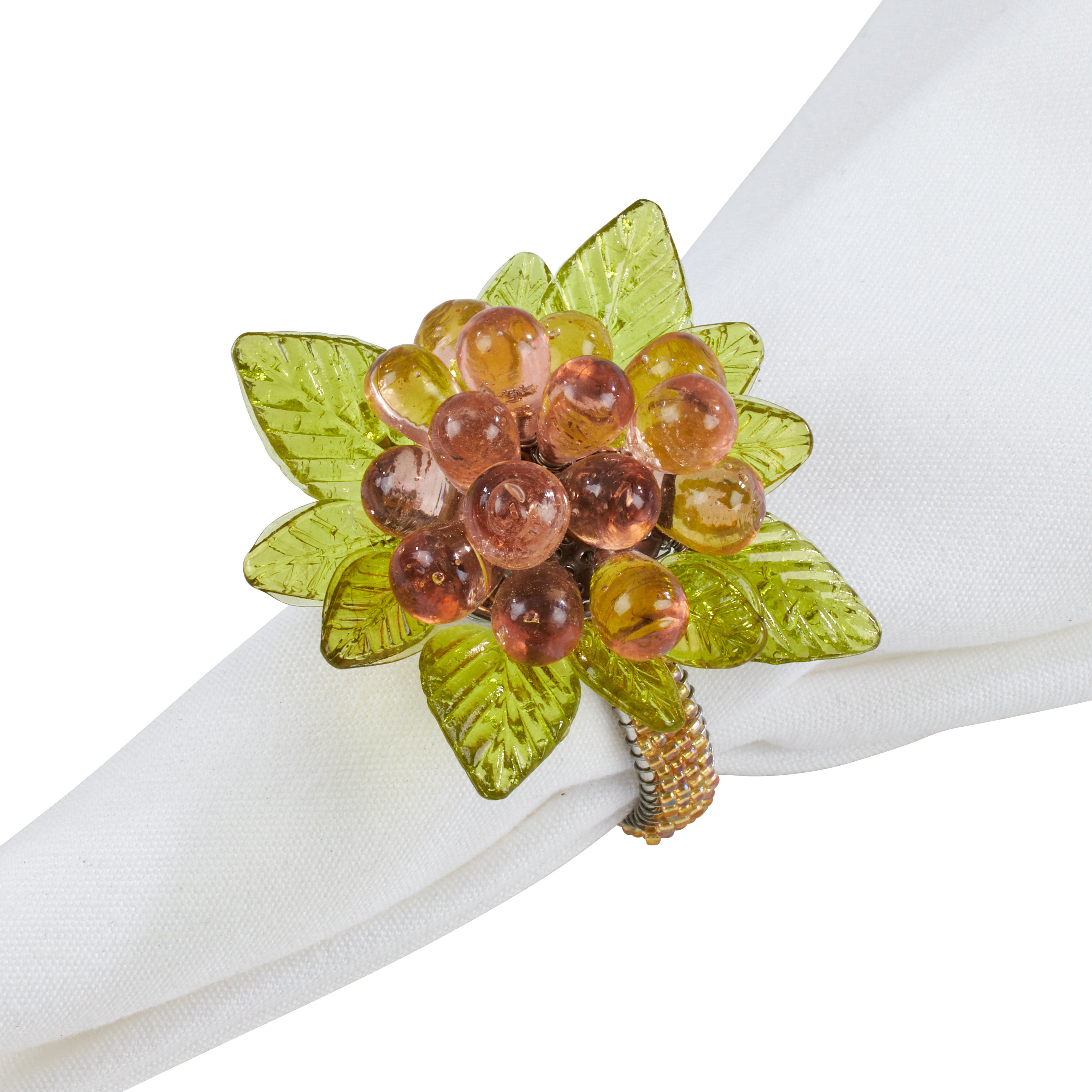 Beaded Napkin Ring With Flower And Leaves, Set of 4