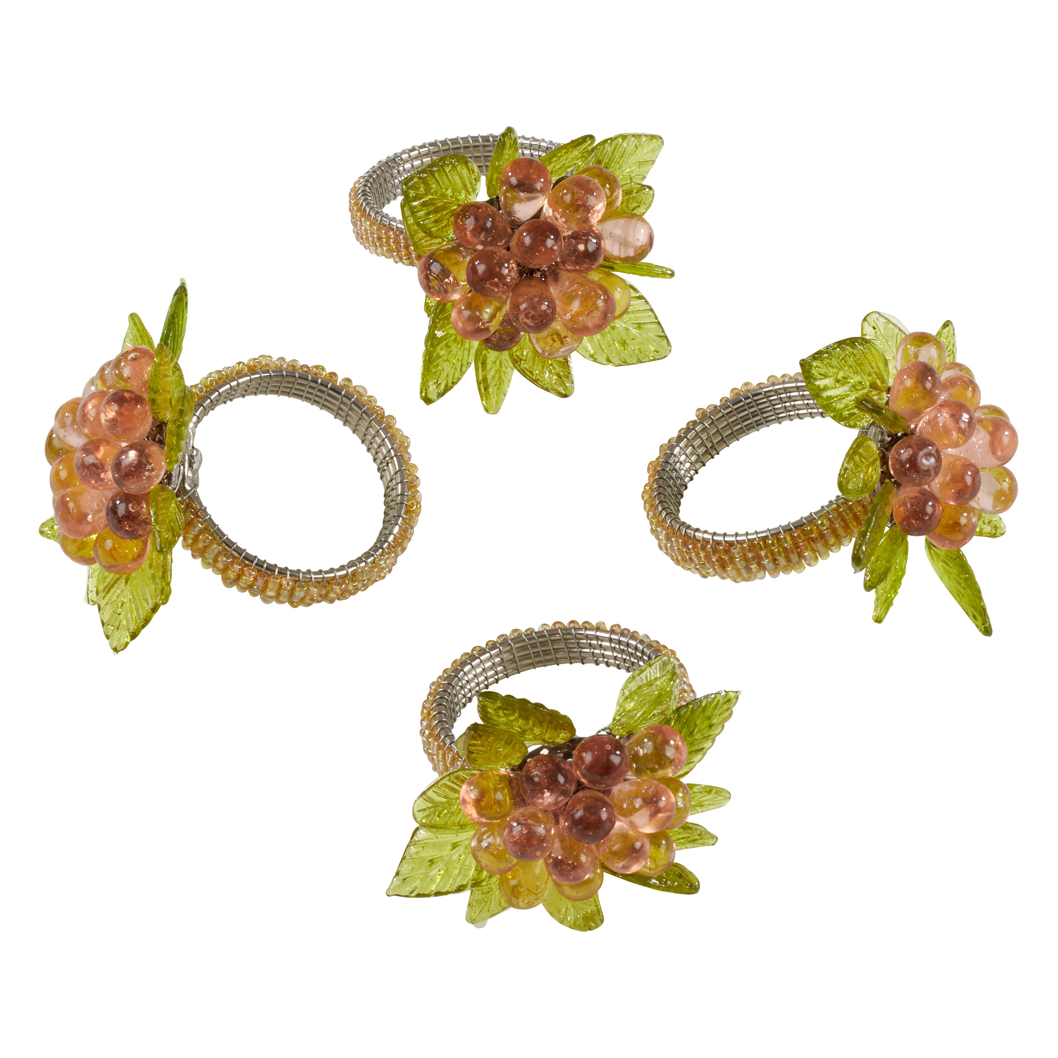 Beaded Napkin Ring With Flower And Leaves, Set of 4