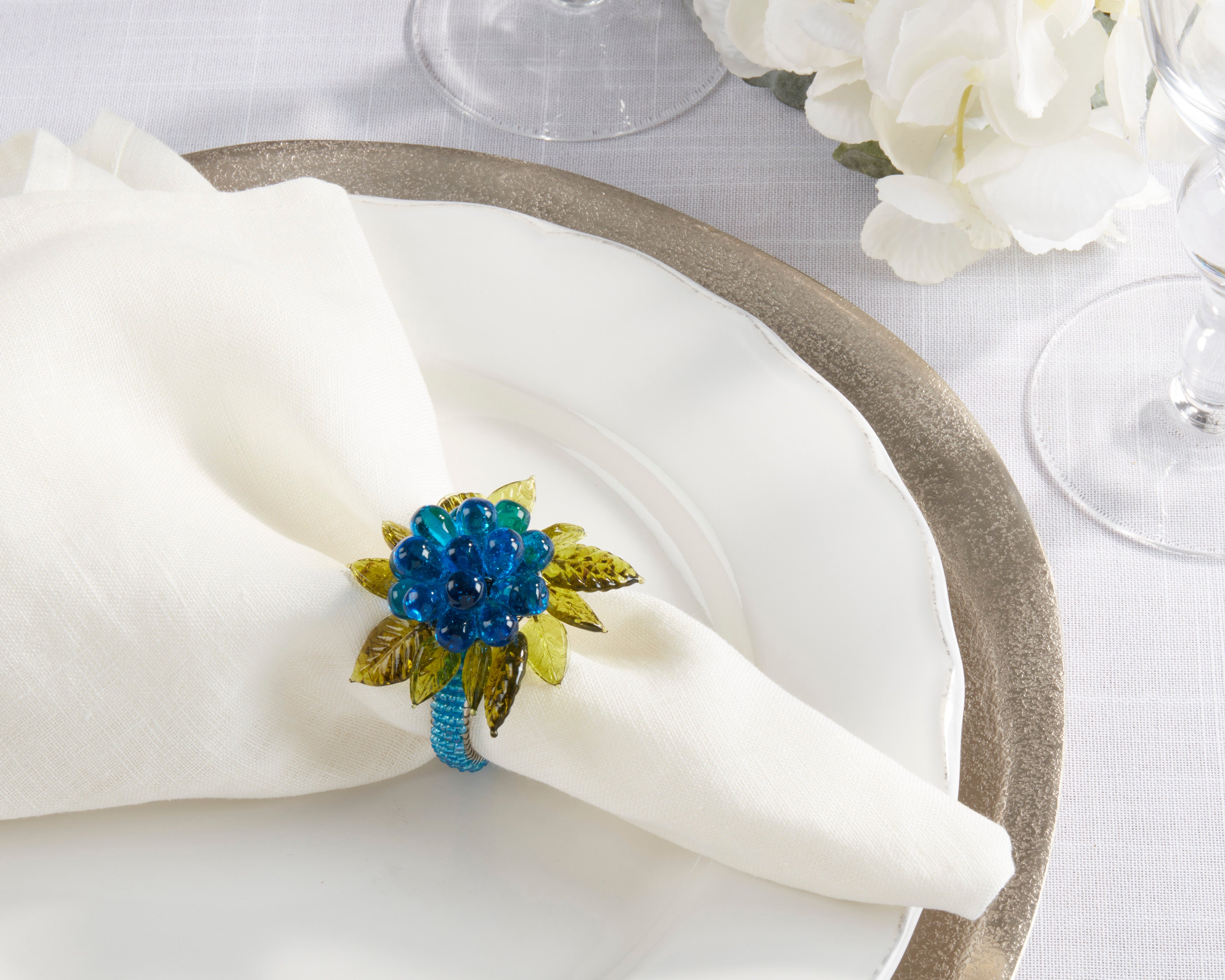 Beaded Napkin Ring With Flower And Leaves, Set of 4