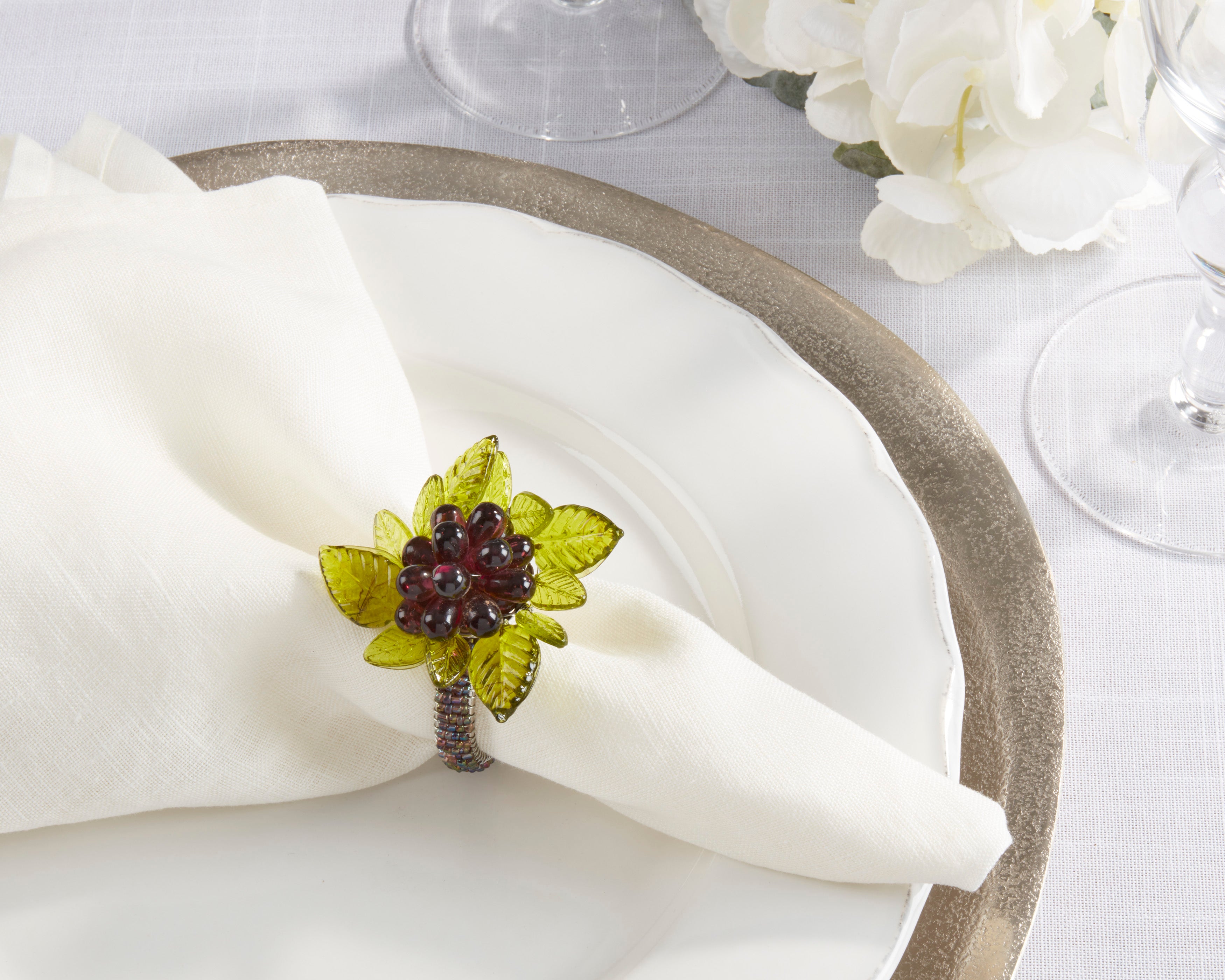 Beaded Napkin Ring With Flower And Leaves, Set of 4