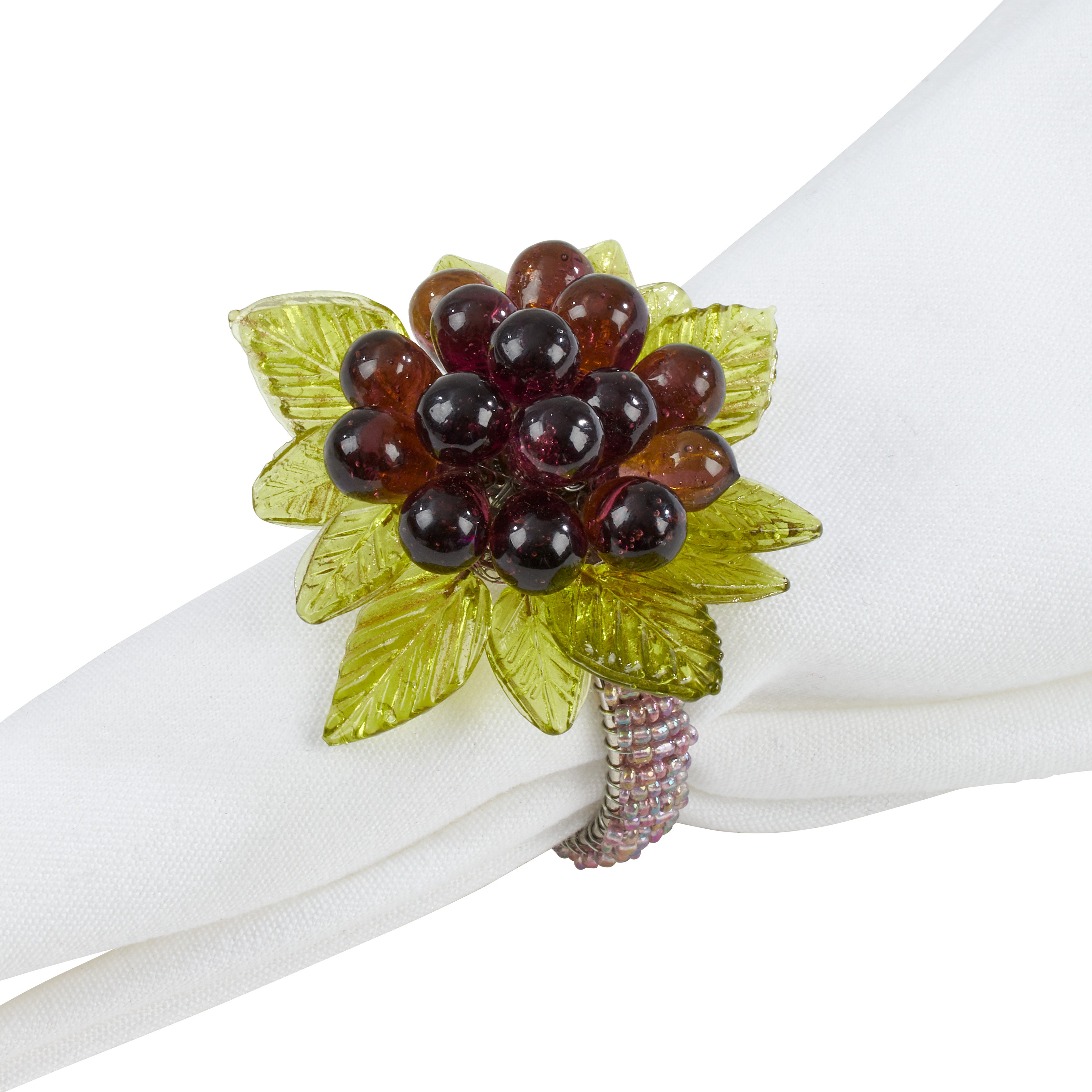 Beaded Napkin Ring With Flower And Leaves, Set of 4
