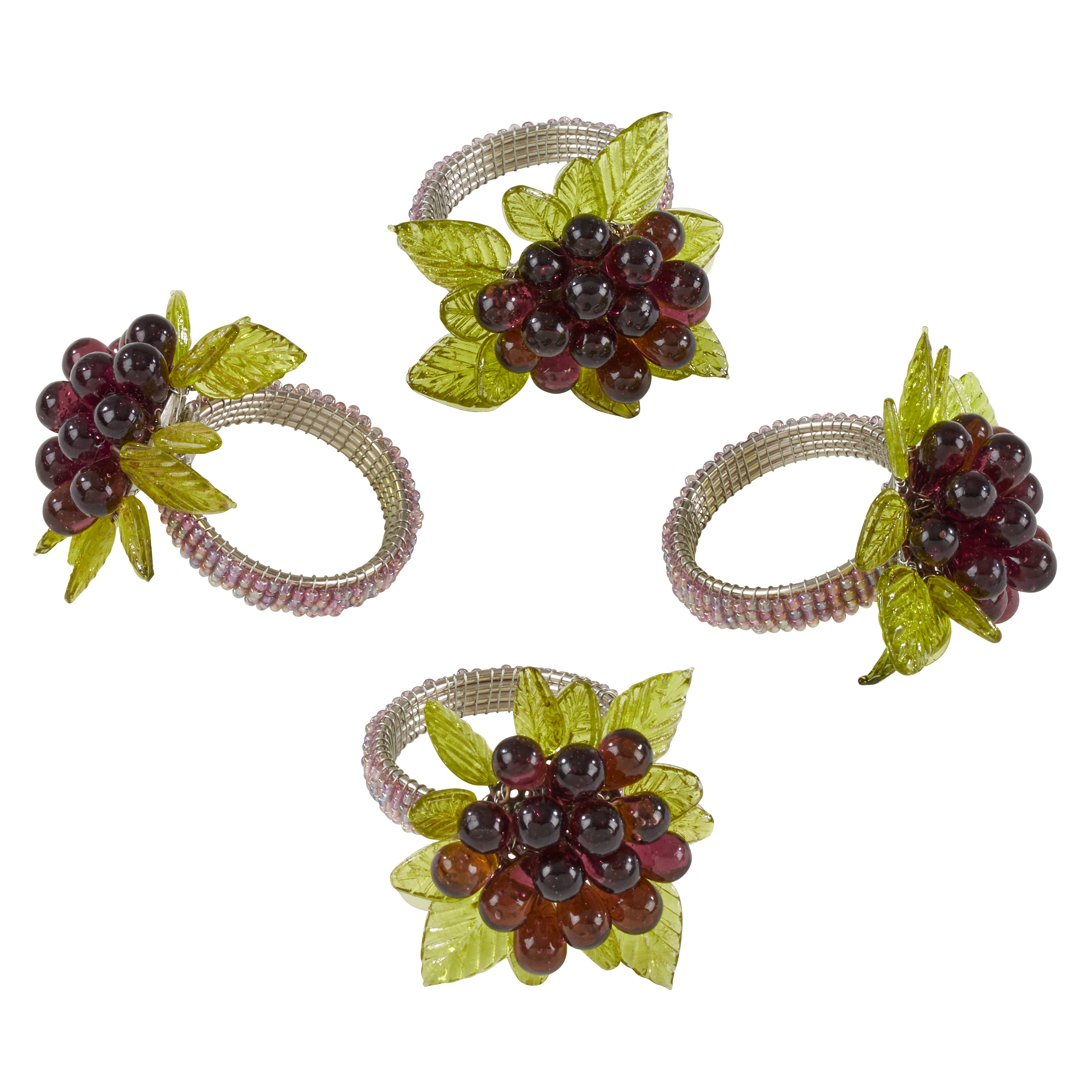 Beaded Napkin Ring With Flower And Leaves, Set of 4