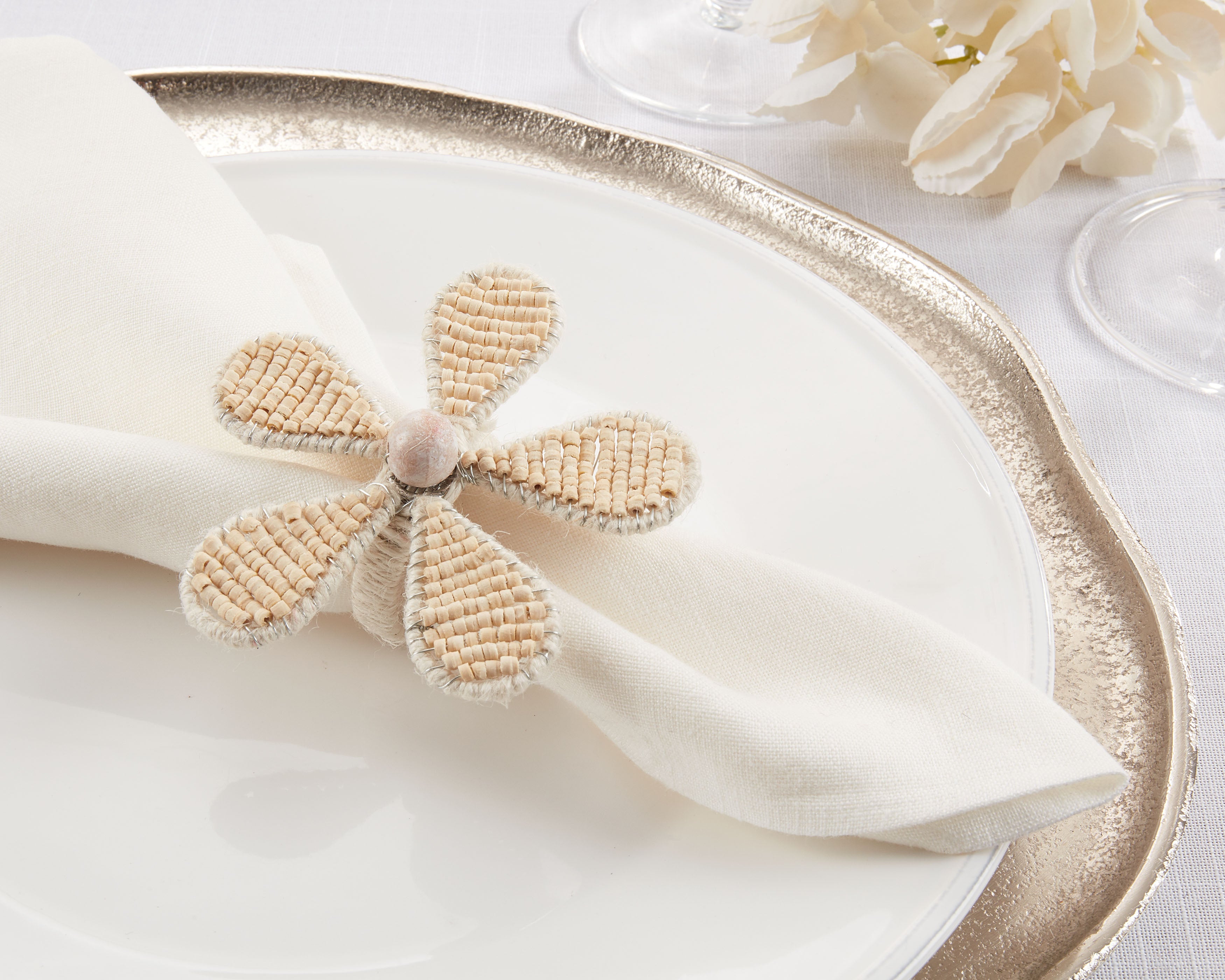 Beaded Flower Design Napkin Ring, Set of 4