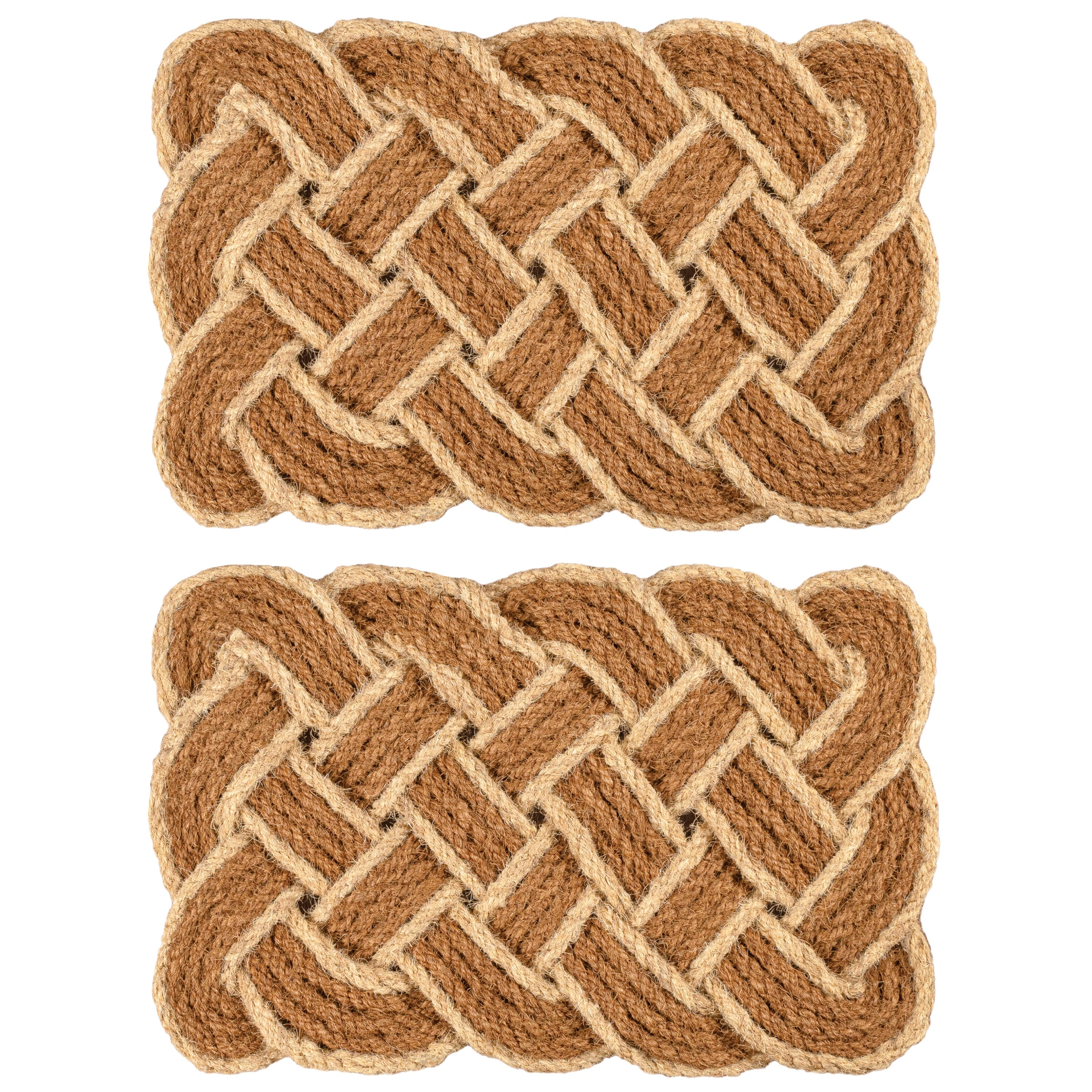 Two rectangular braided rope mats in a natural tan and light beige woven pattern, shown side by side on a plain white background.