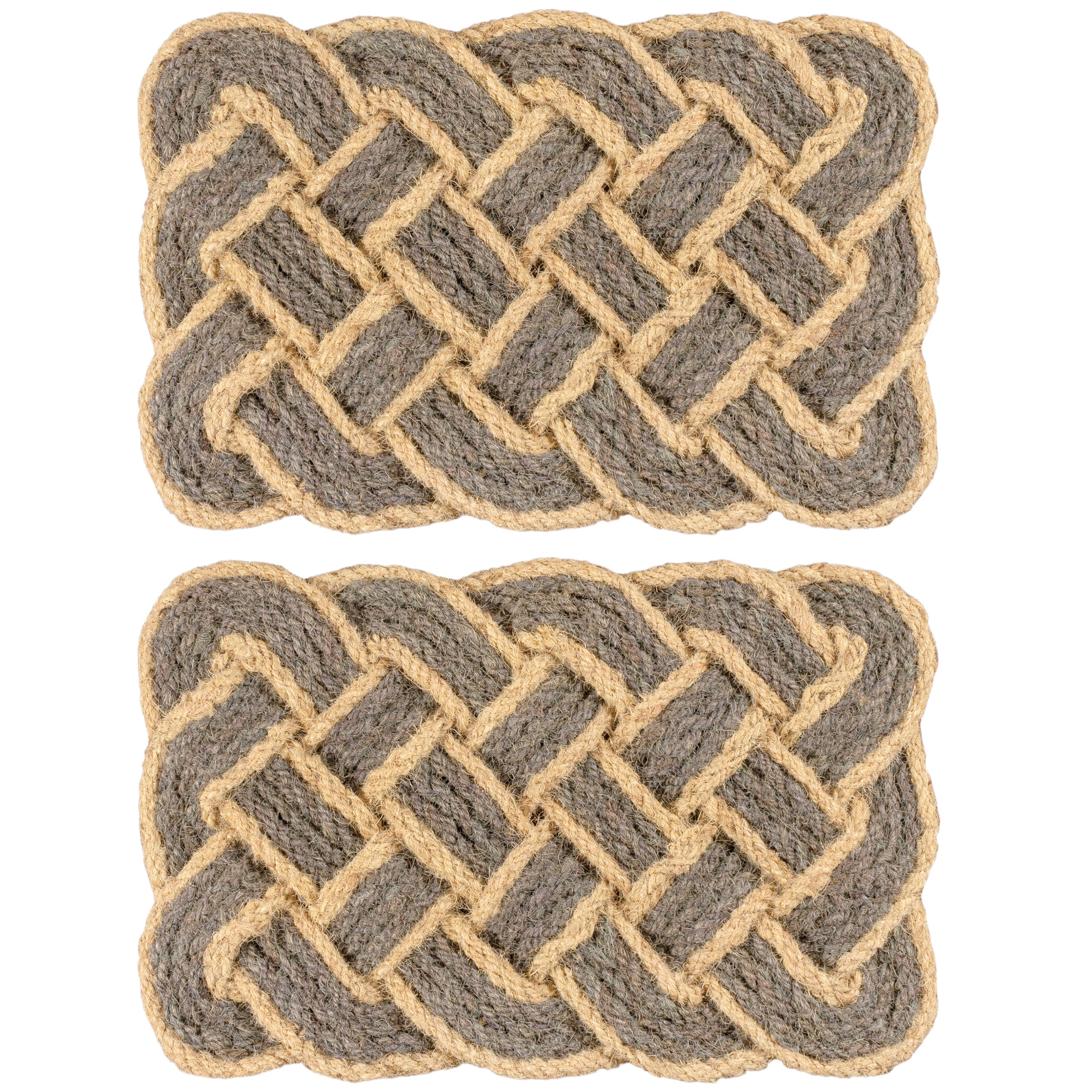 Two rectangular woven rope doormats with a braided basketweave pattern in gray and natural tan, shown side-by-side on a white background.