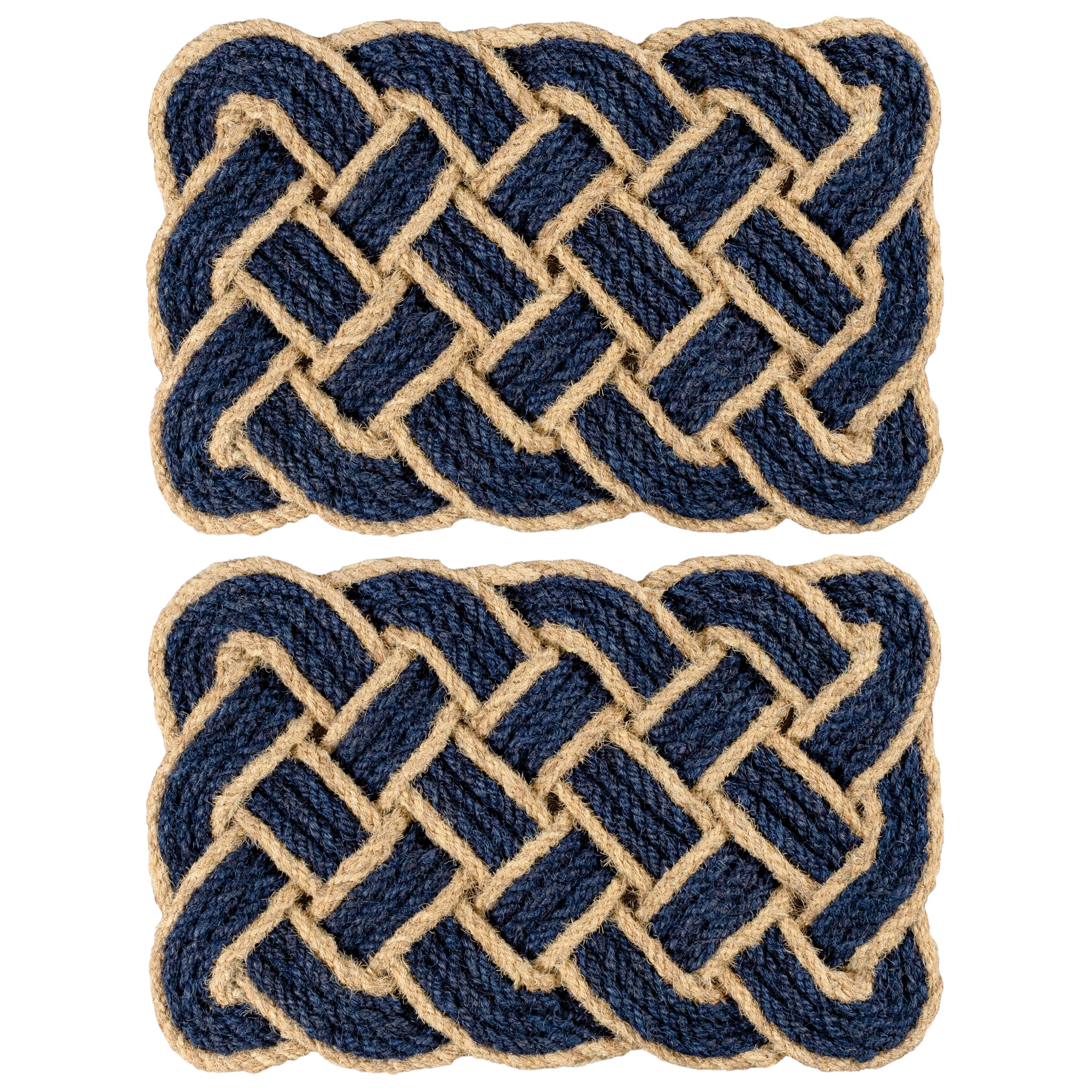 Two matching rectangular woven rope mats with a braided Celtic knot pattern in navy blue and natural tan, shown side by side on a white background.