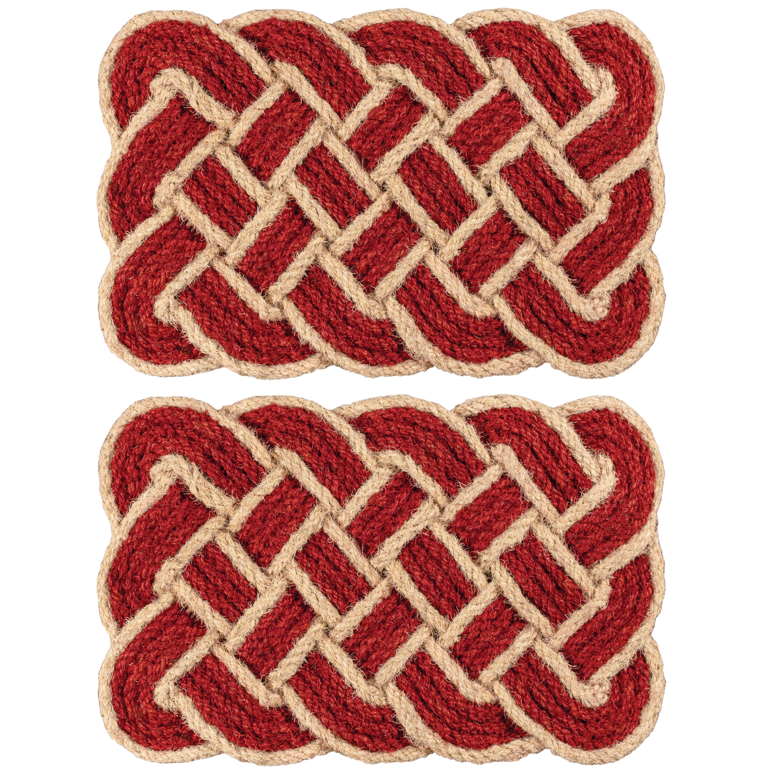 Two rectangular braided rope coasters with a red and natural beige woven pattern, shown side by side on a white background.