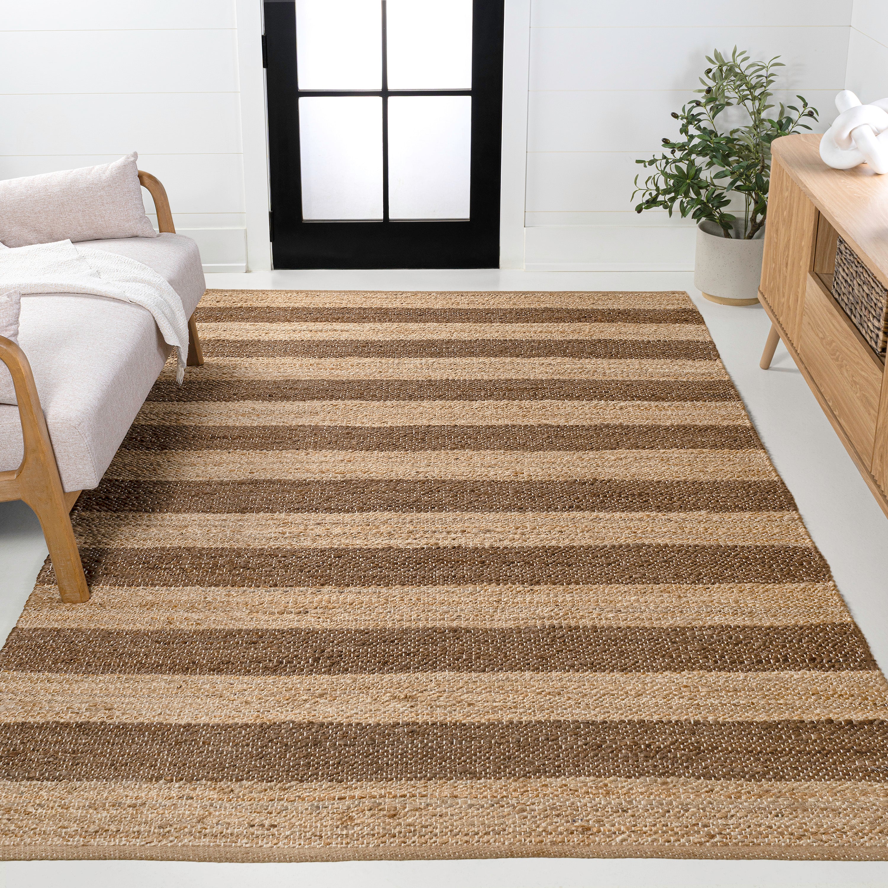 Jayden Rustic Farmhouse Woven Jute Stripe Area Rug