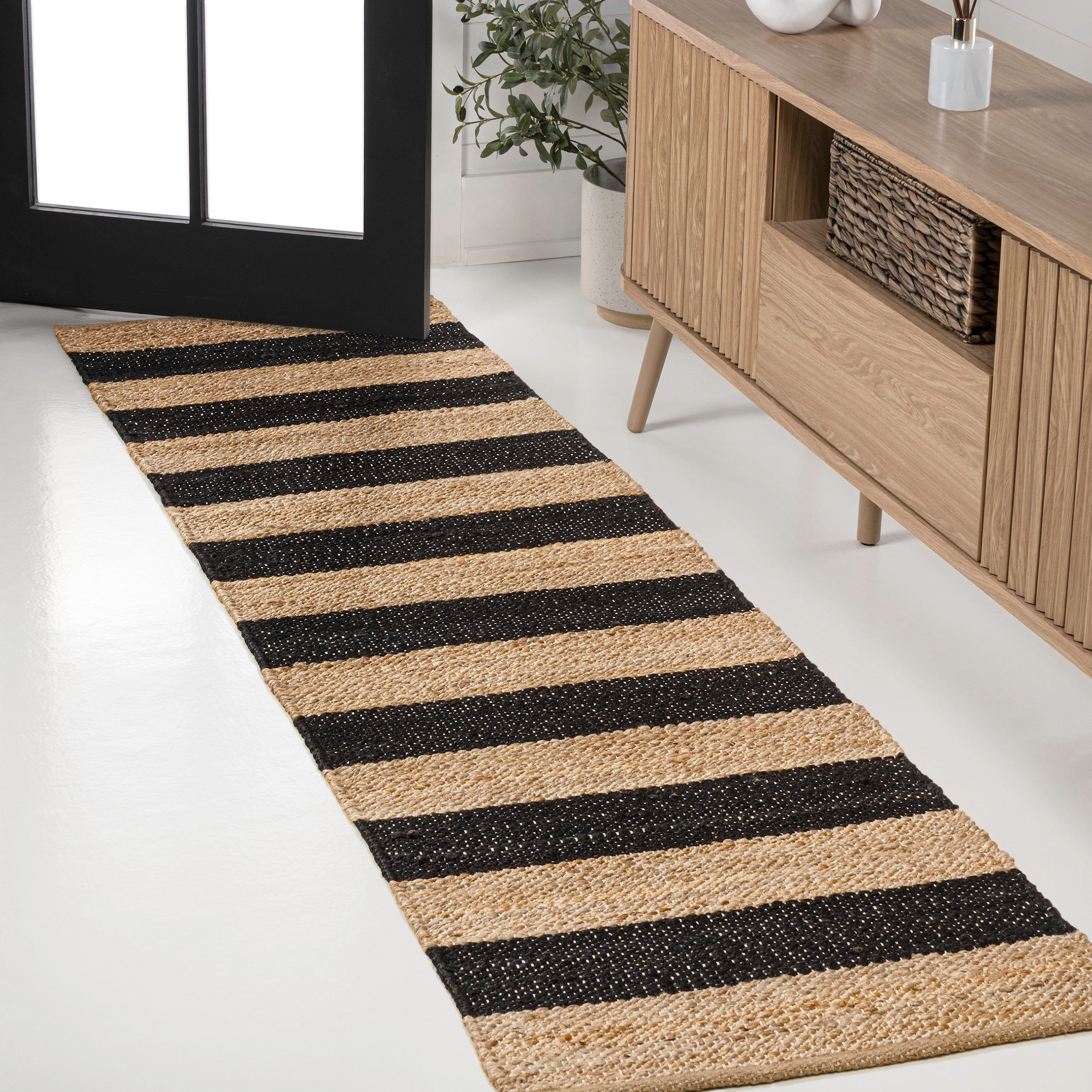Jayden Rustic Farmhouse Woven Jute Stripe Area Rug