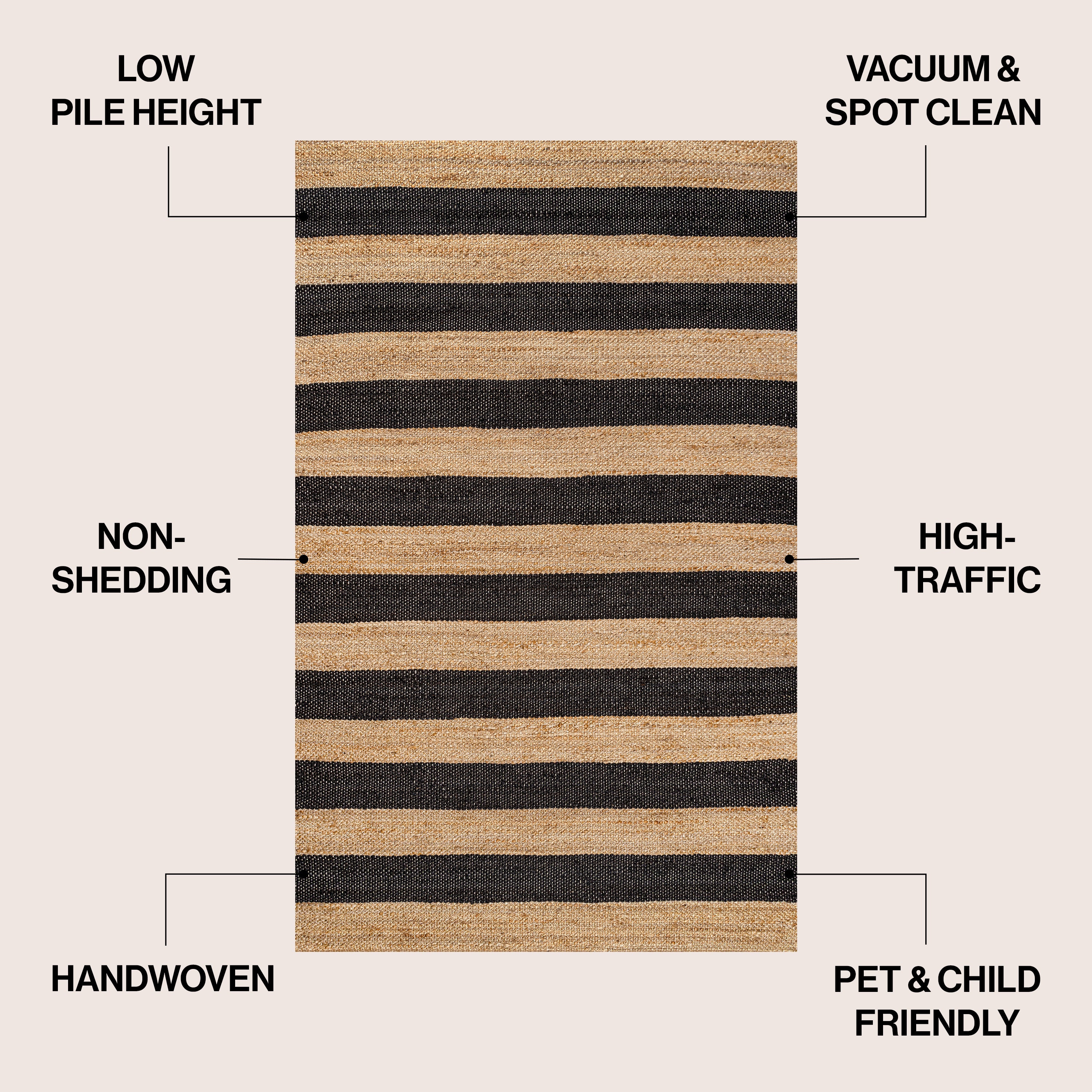 Jayden Rustic Farmhouse Woven Jute Stripe Area Rug