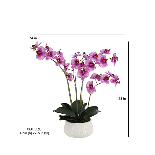 23" Faux Orchid Arrangement in Purple - Lifelike Phalaenopsis in White Ceramic Pot