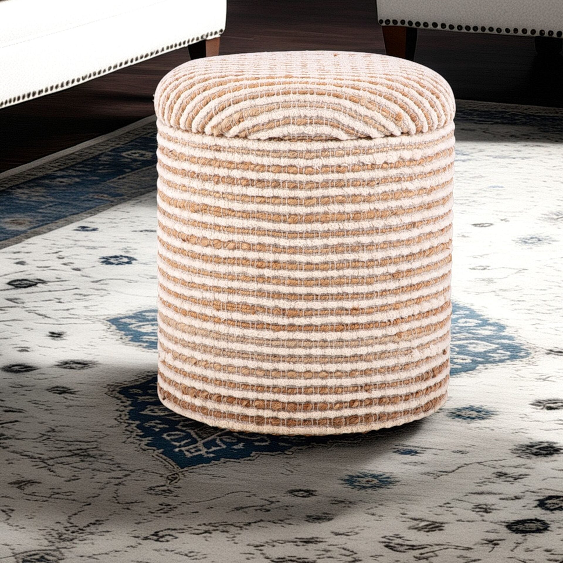 Natural Stripe Handwoven Fabric Storage Ottoman