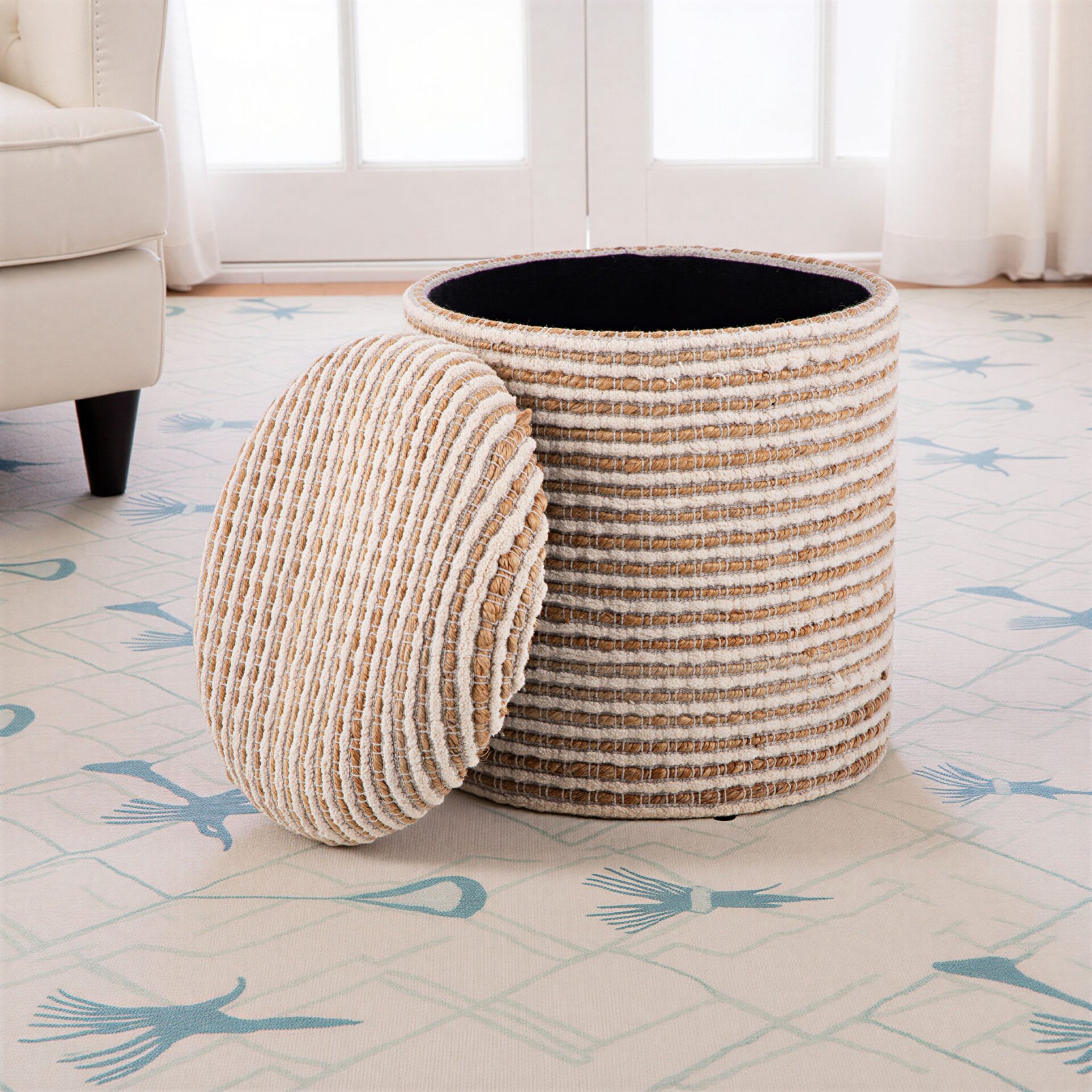 Natural Stripe Handwoven Fabric Storage Ottoman