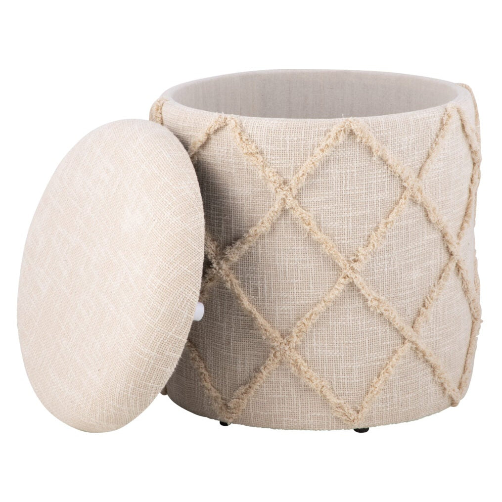 Ecru Diamond Handwoven Fabric Storage Ottoman