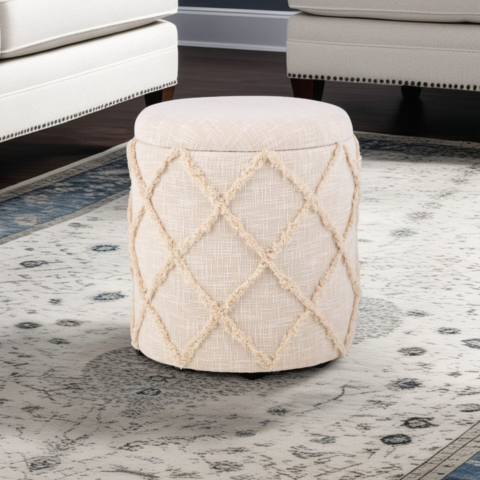 Ecru Diamond Handwoven Fabric Storage Ottoman