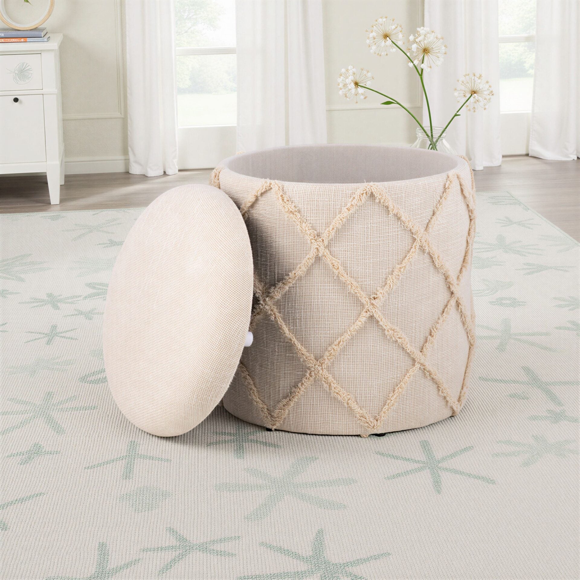 Ecru Diamond Handwoven Fabric Storage Ottoman