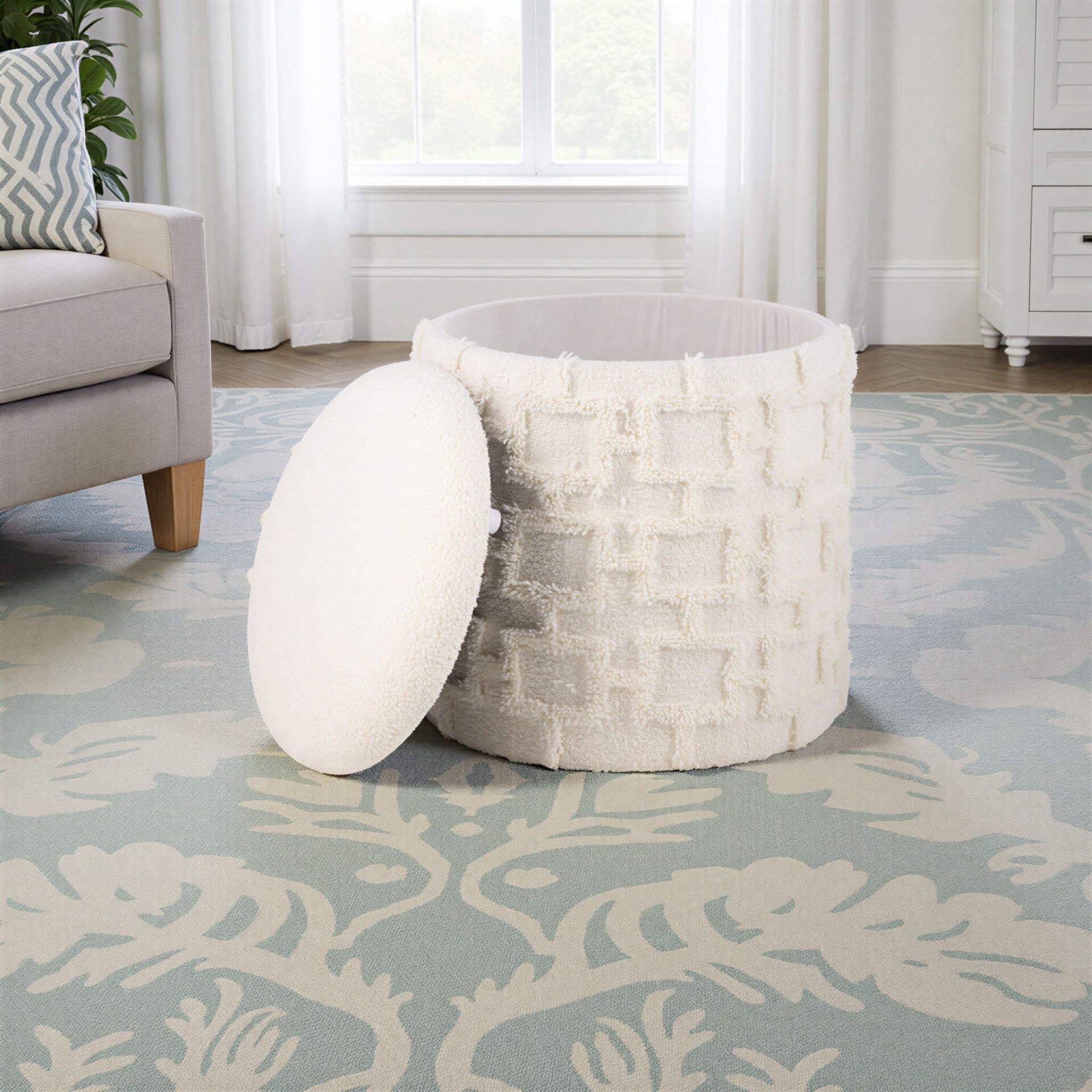Ecru Square Handwoven Fabric Storage Ottoman