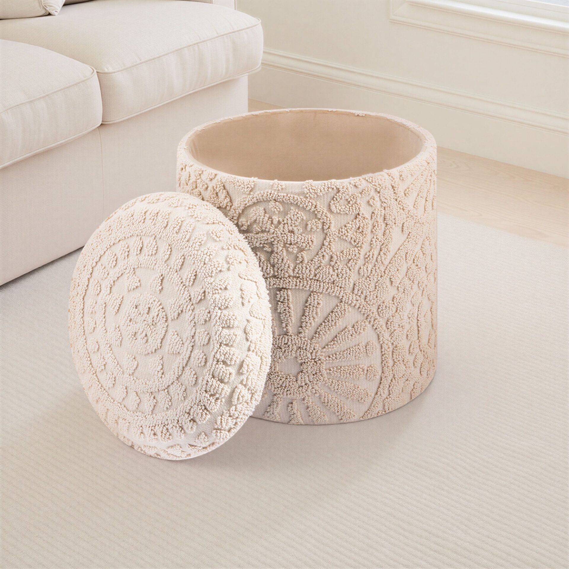 Ecru Sun Handwoven Fabric Storage Ottoman
