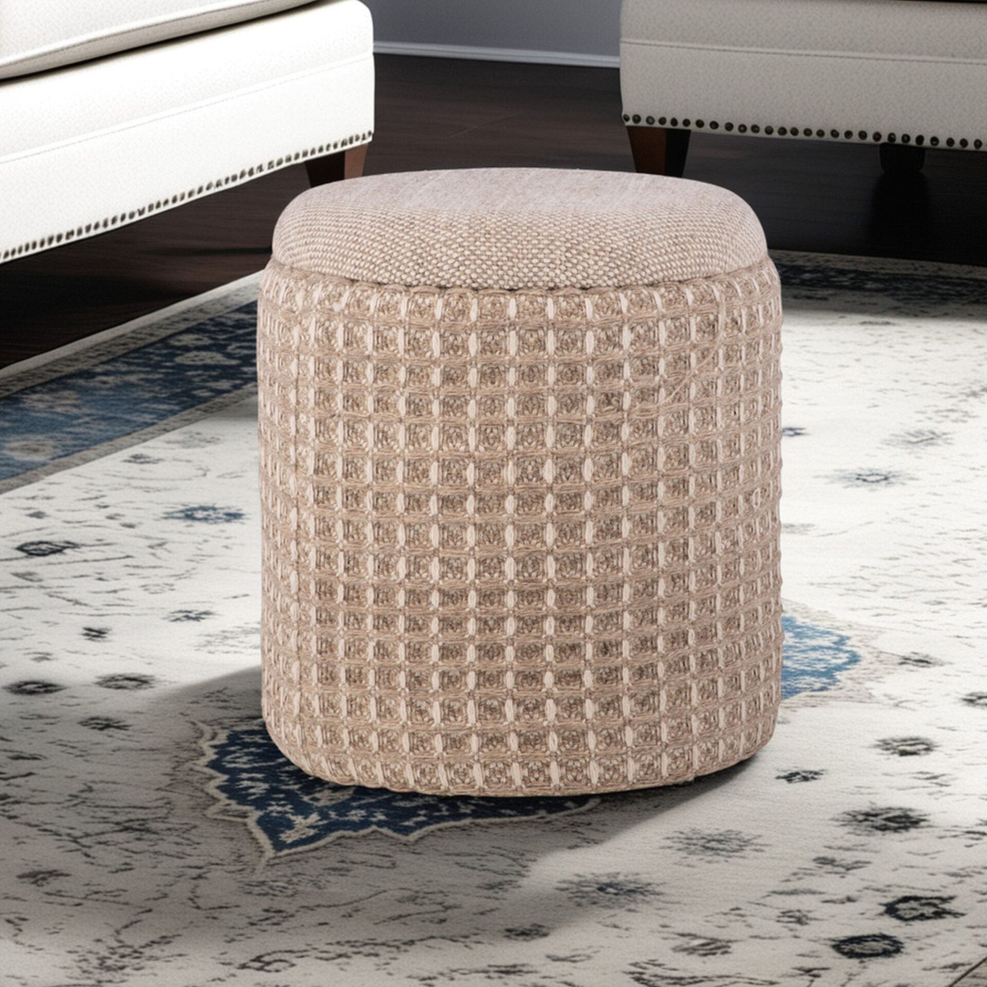 Taupe Waffle Handwoven Fabric Storage Ottoman