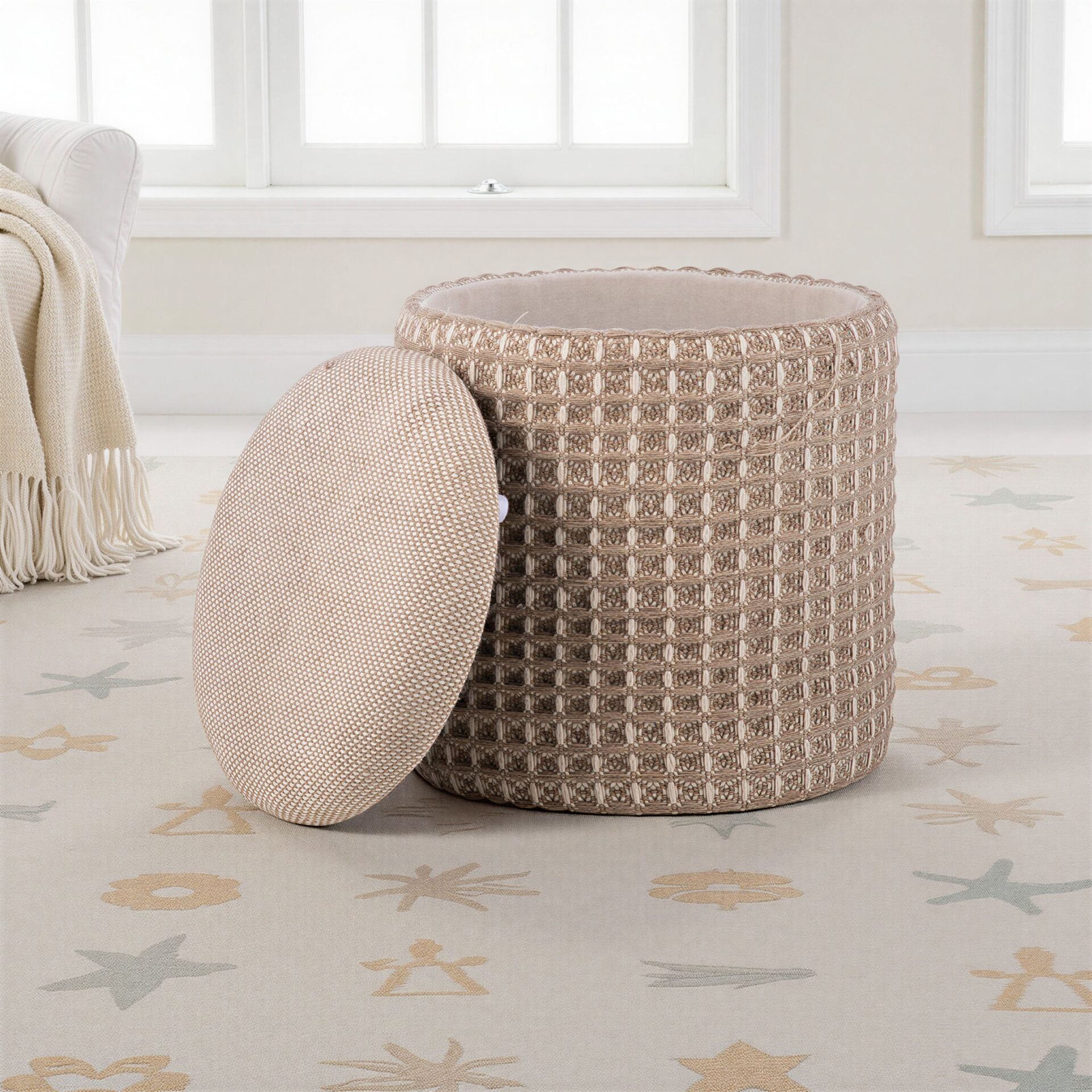 Taupe Waffle Handwoven Fabric Storage Ottoman