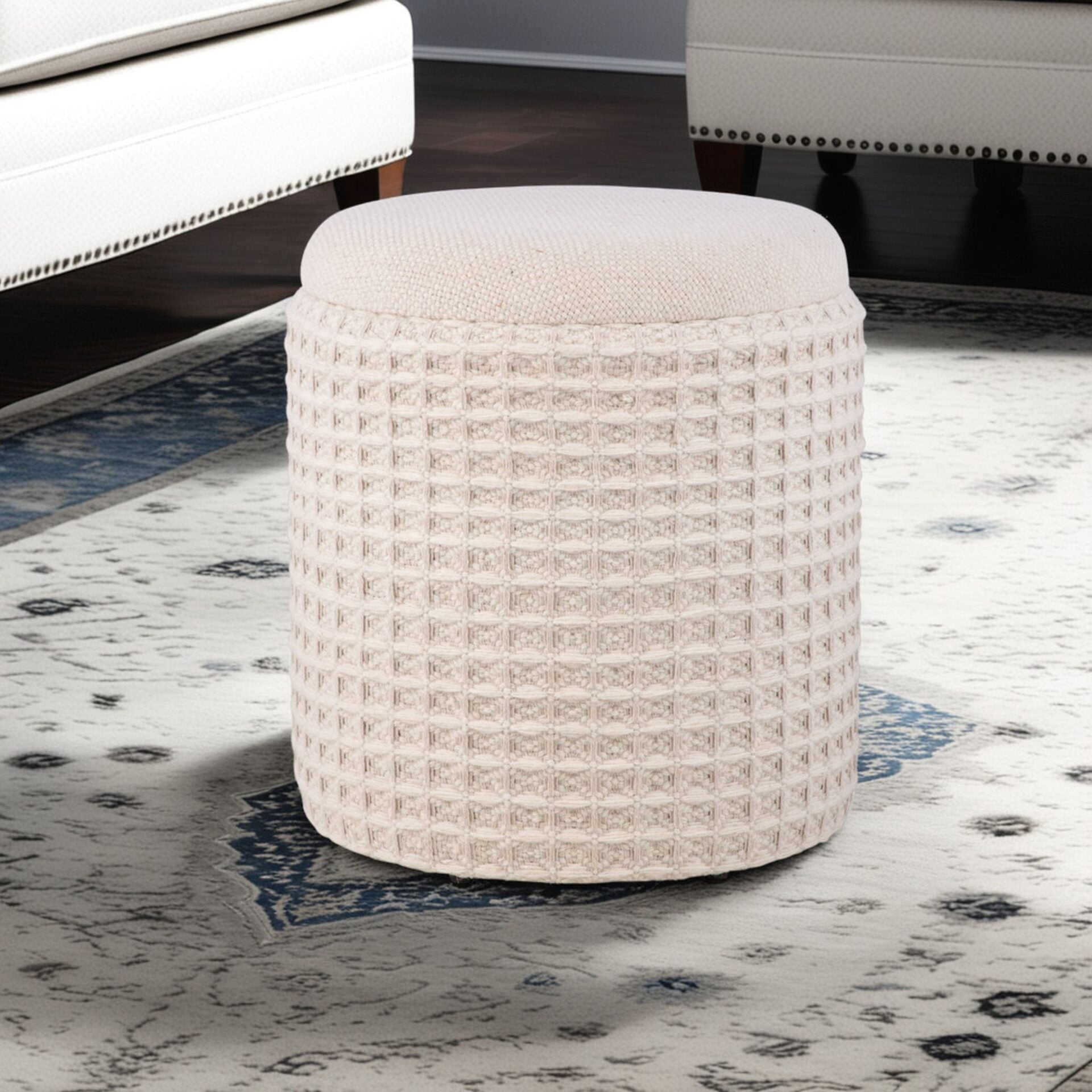 Ivory Waffle Handwoven Fabric Storage Ottoman