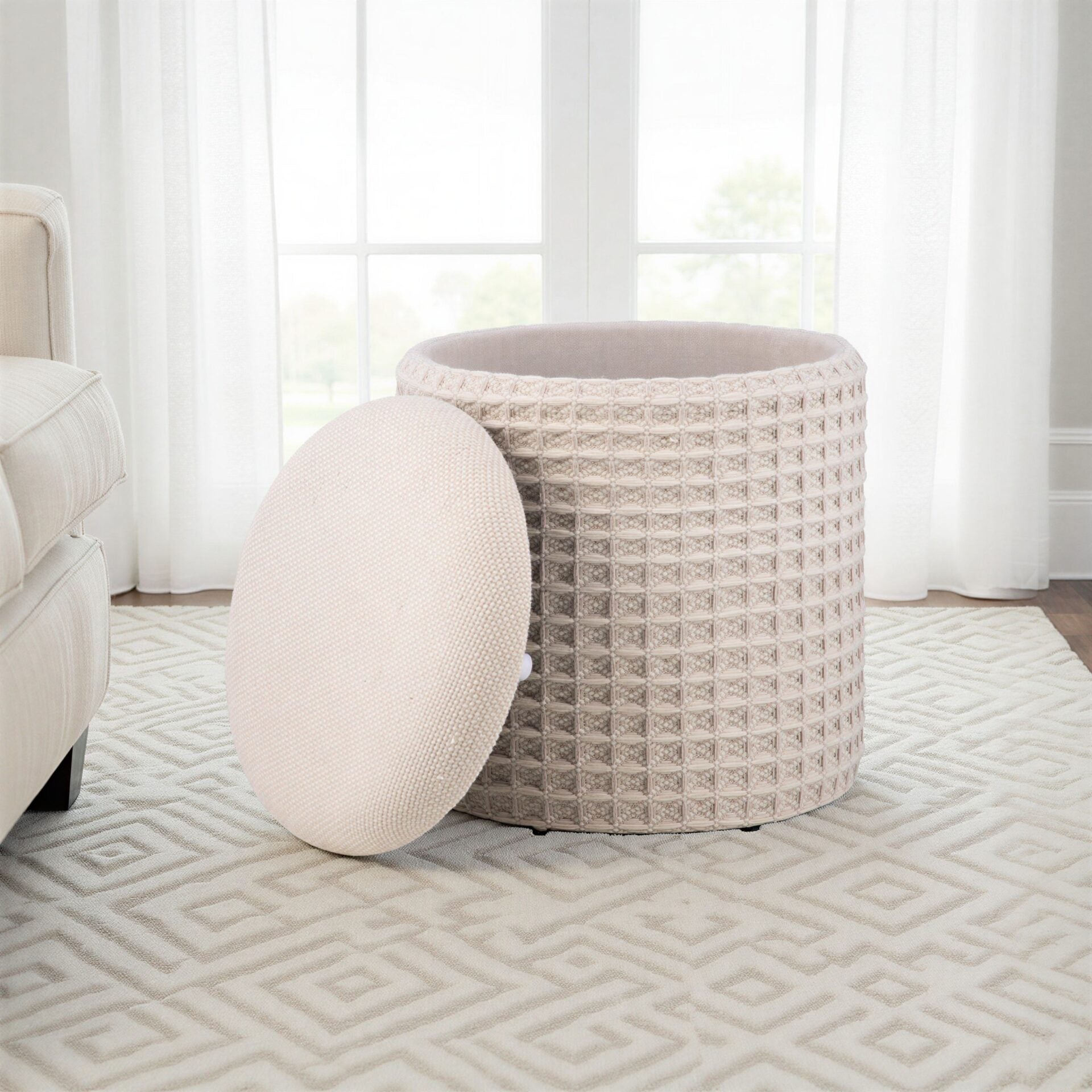 Ivory Waffle Handwoven Fabric Storage Ottoman