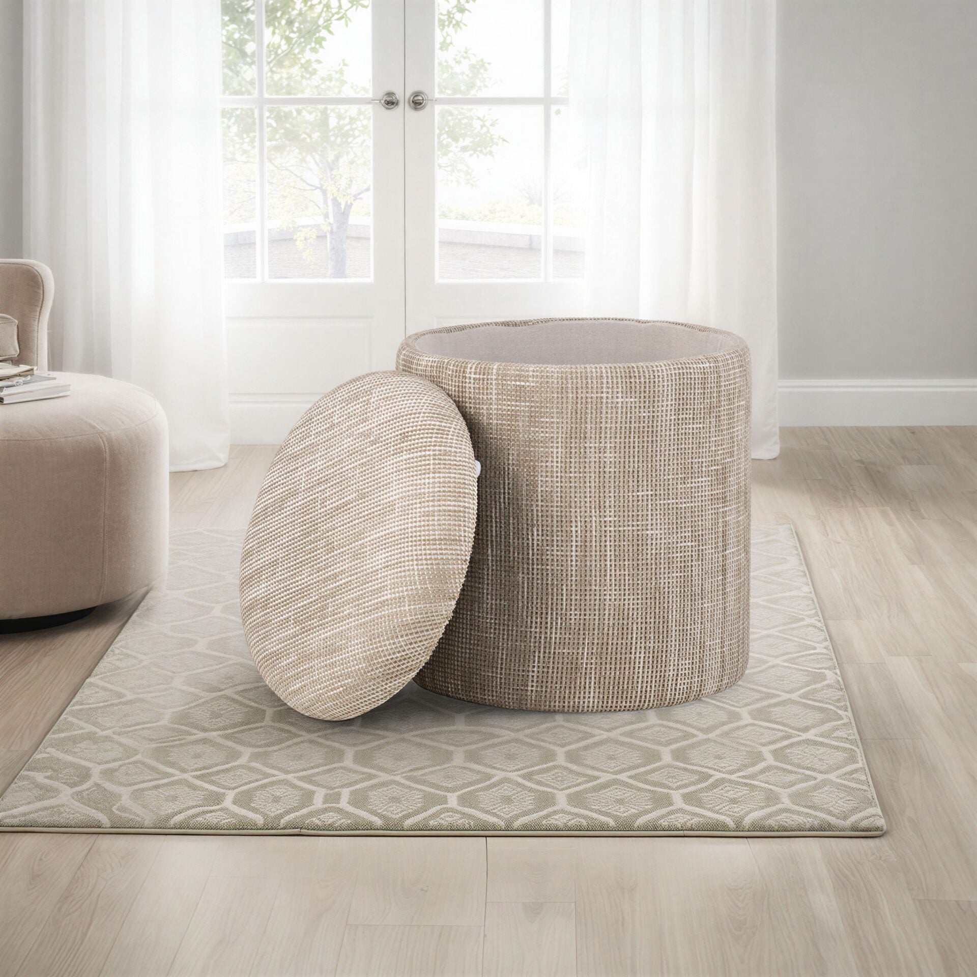 Natural Solid Handwoven Fabric Storage Ottoman