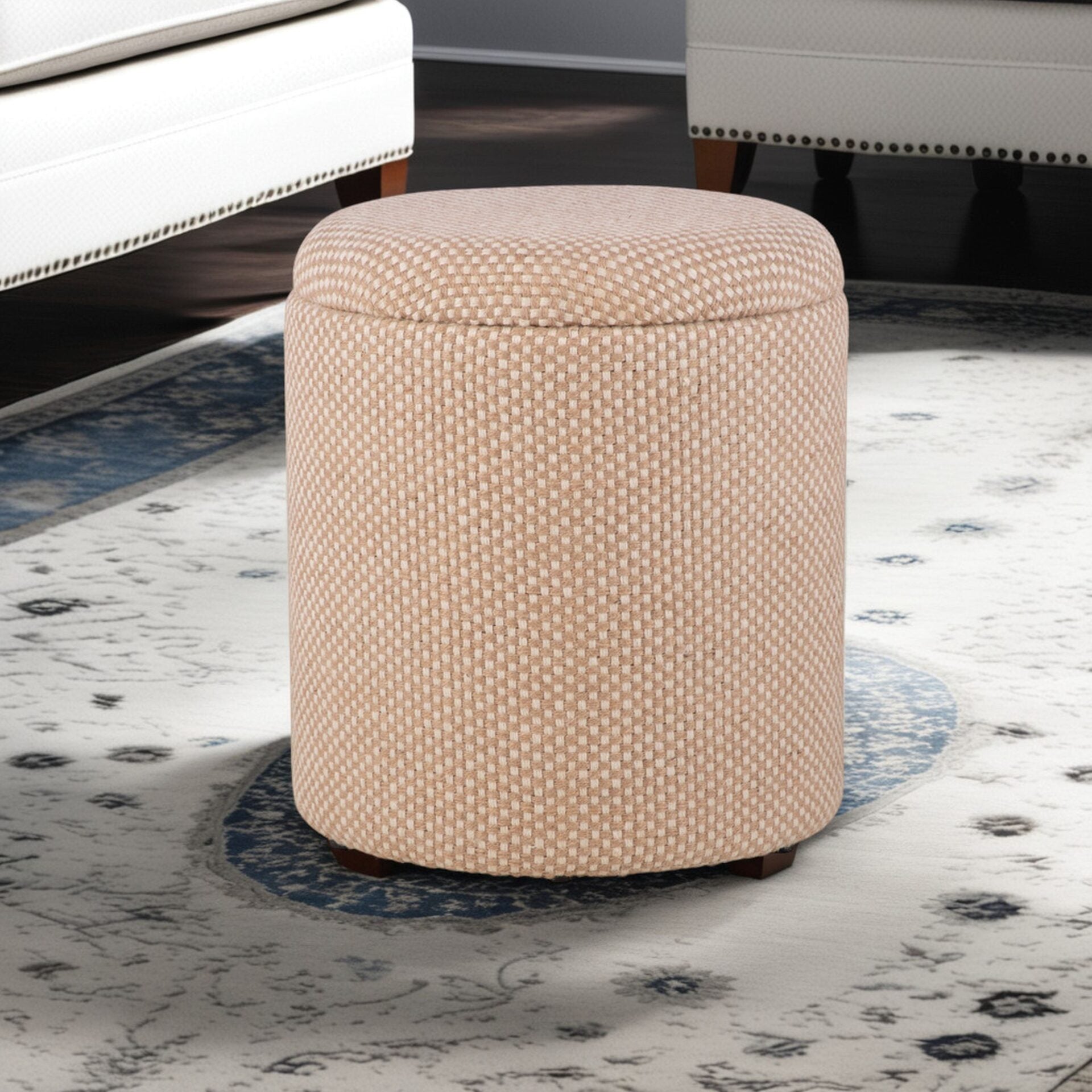 Natural Checkered Handwoven Fabric Storage Ottoman