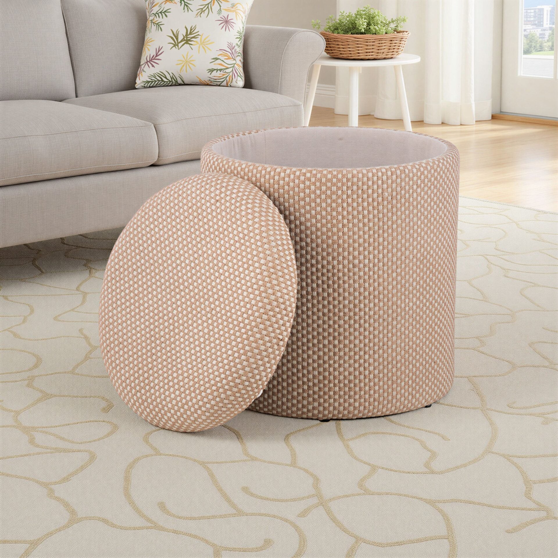 Natural Checkered Handwoven Fabric Storage Ottoman