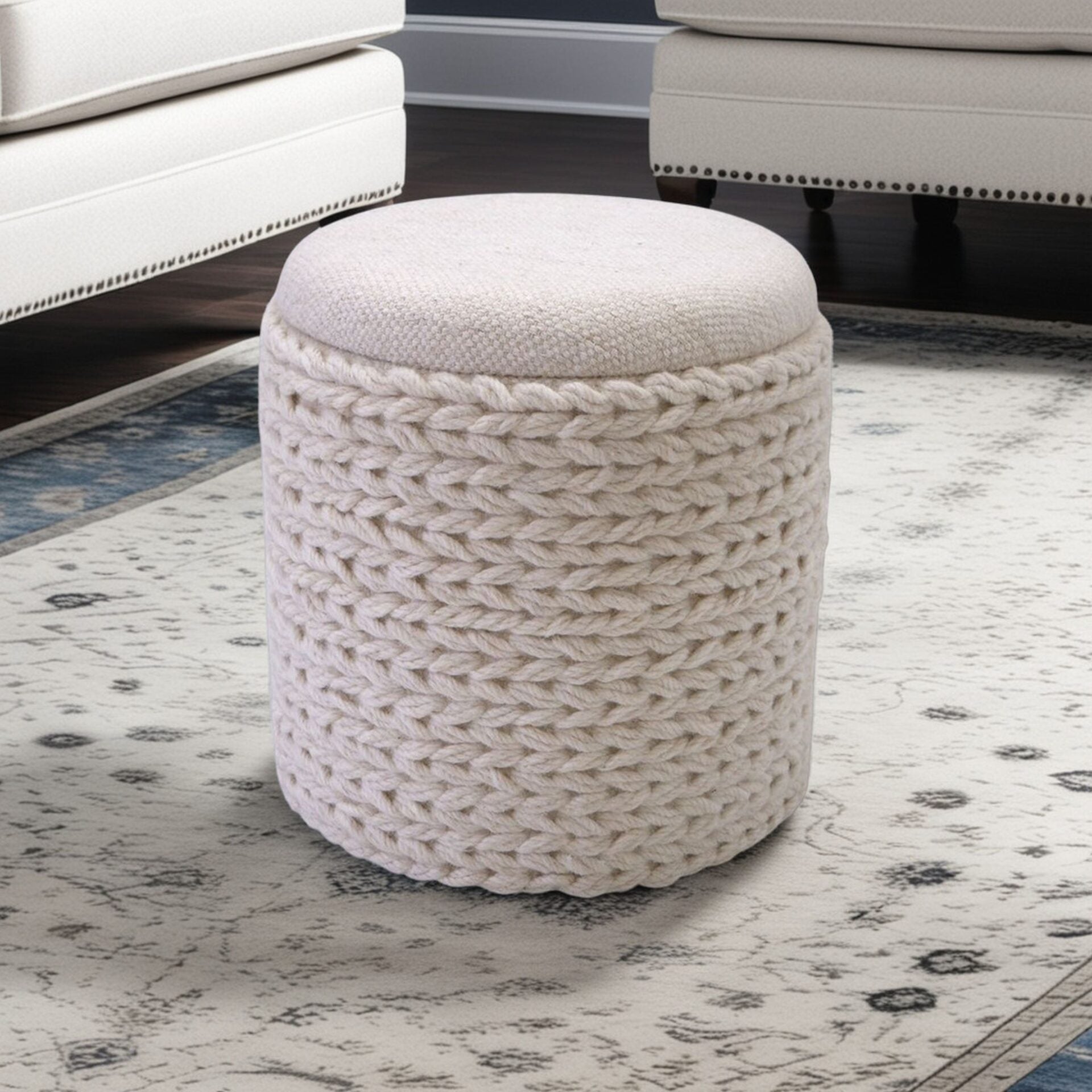 Ivory Rope Handwoven Fabric Storage Ottoman