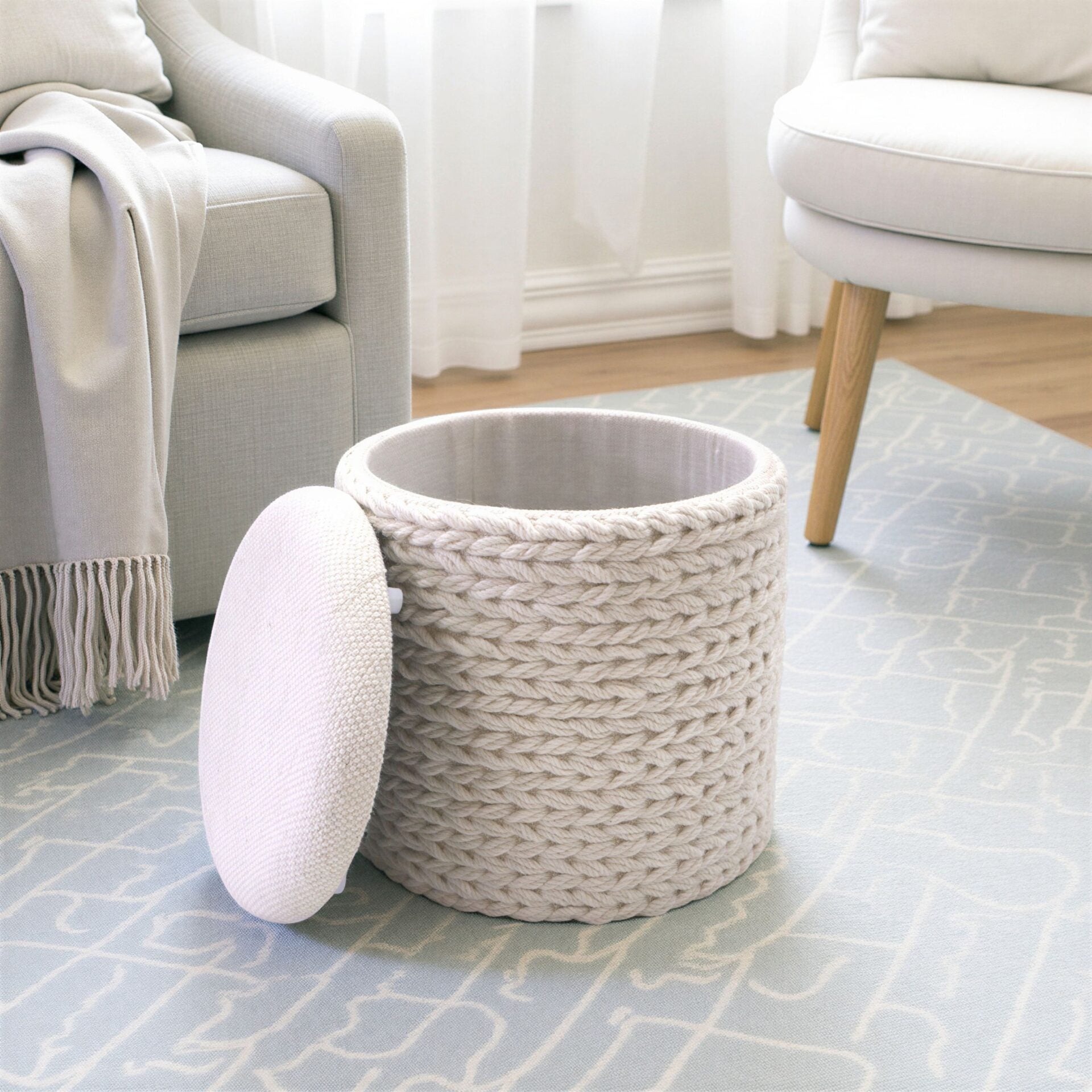 Ivory Rope Handwoven Fabric Storage Ottoman
