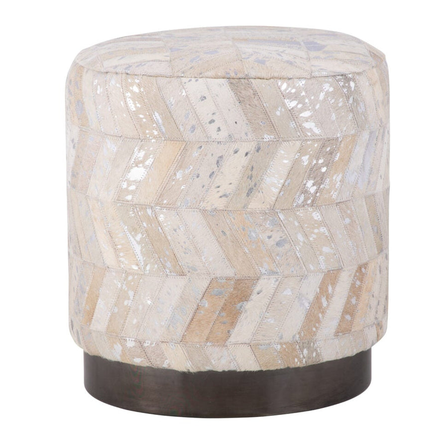 Silver Leather Handwoven Chevron Ottoman with Matte Black Base