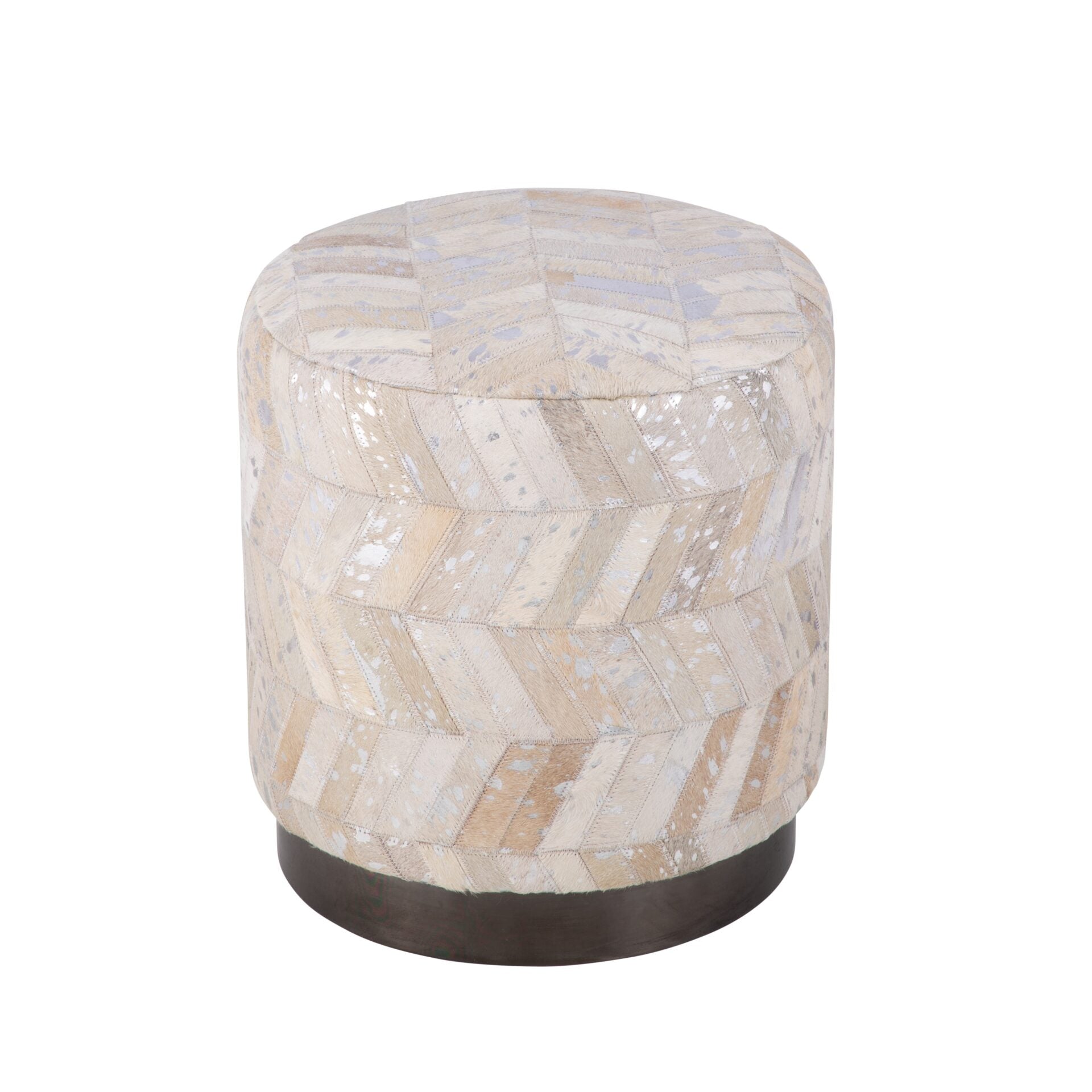 Silver Leather Handwoven Chevron Ottoman with Matte Black Base