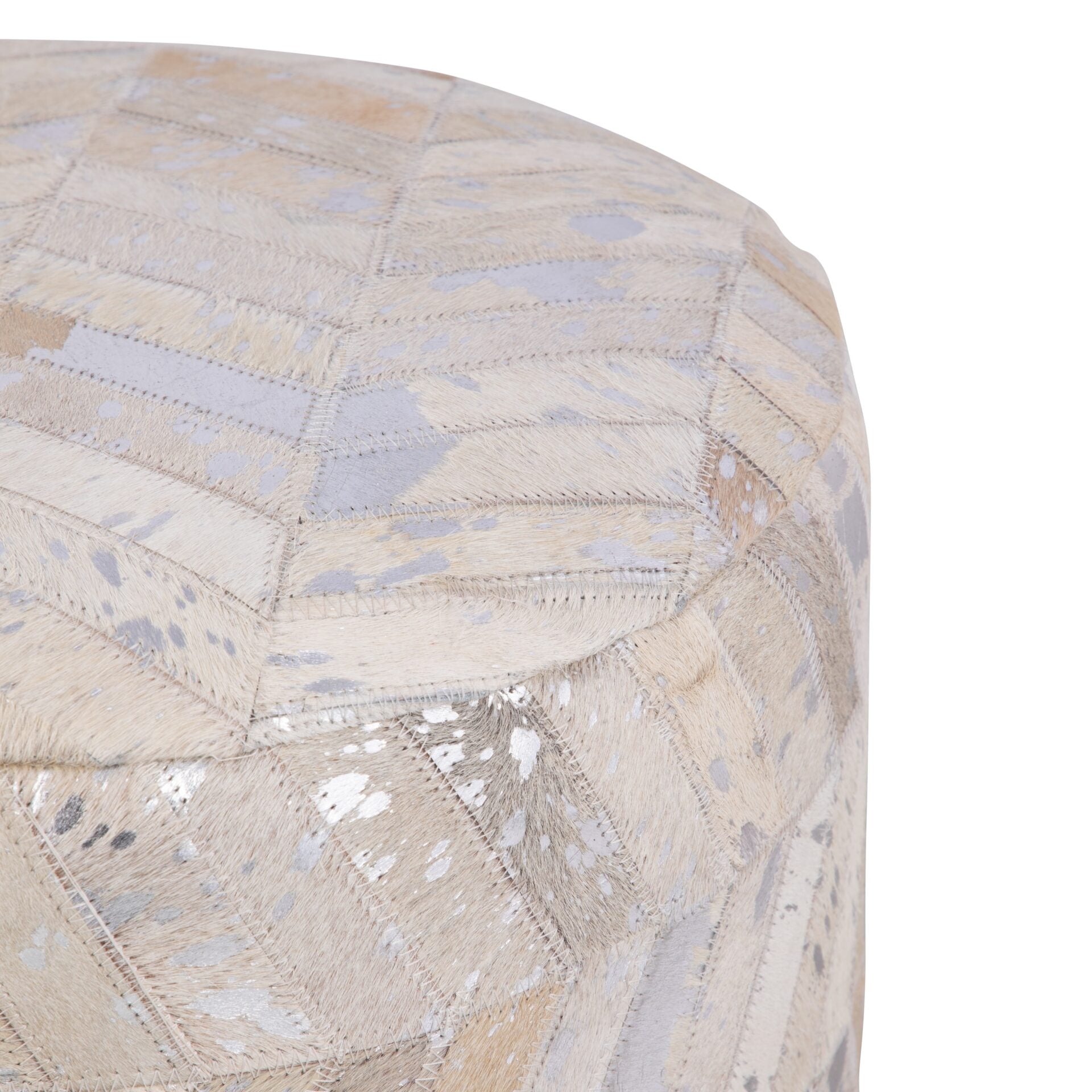Silver Leather Handwoven Chevron Ottoman with Matte Black Base