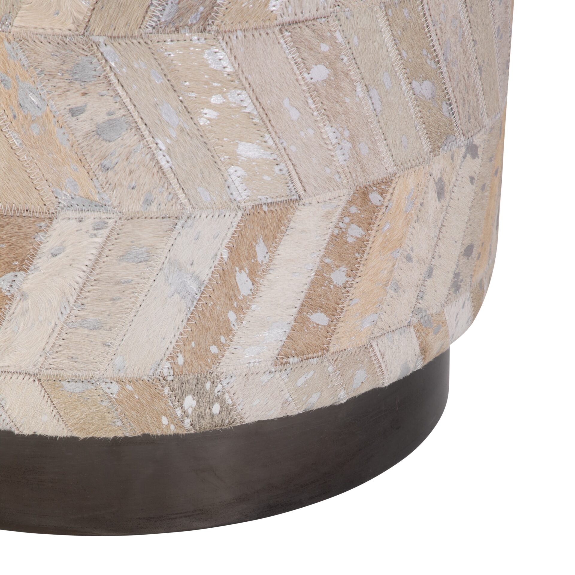 Silver Leather Handwoven Chevron Ottoman with Matte Black Base
