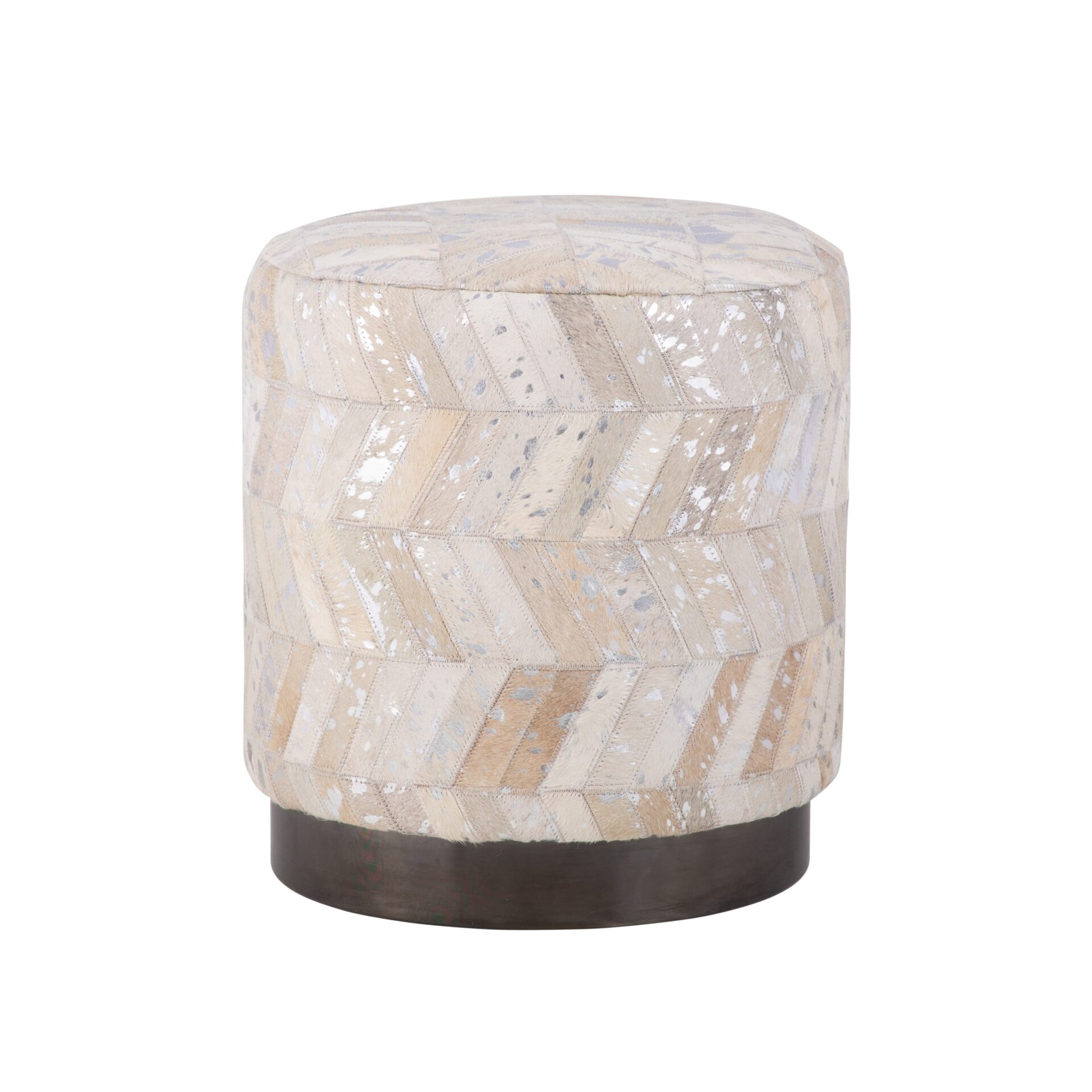 Silver Leather Handwoven Chevron Ottoman with Matte Black Base