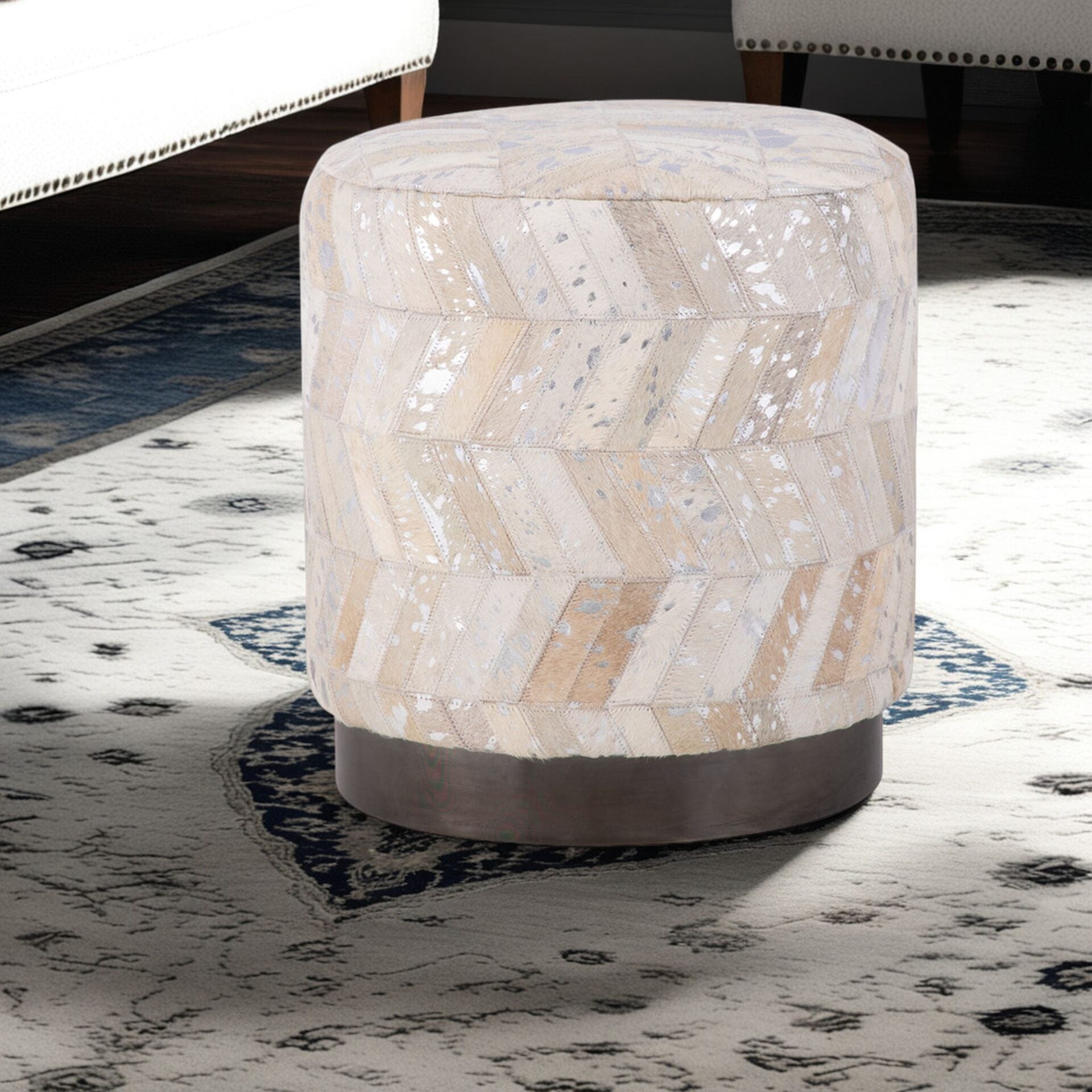 Silver Leather Handwoven Chevron Ottoman with Matte Black Base