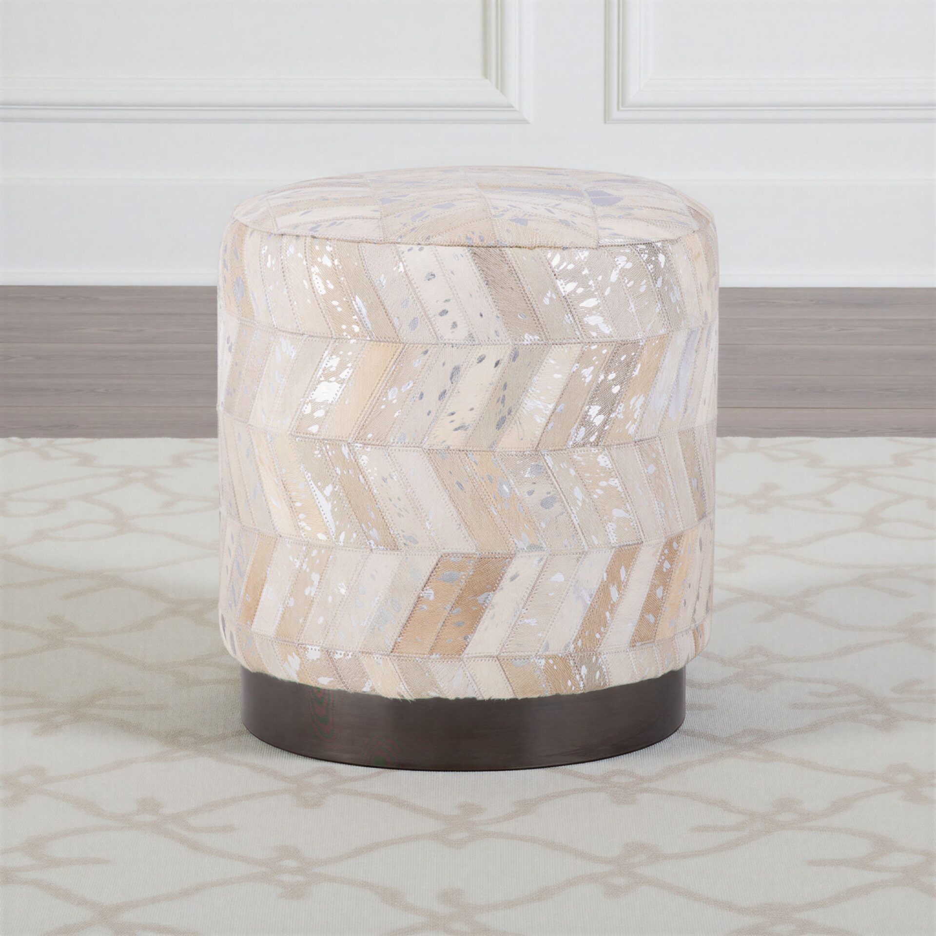 Silver Leather Handwoven Chevron Ottoman with Matte Black Base