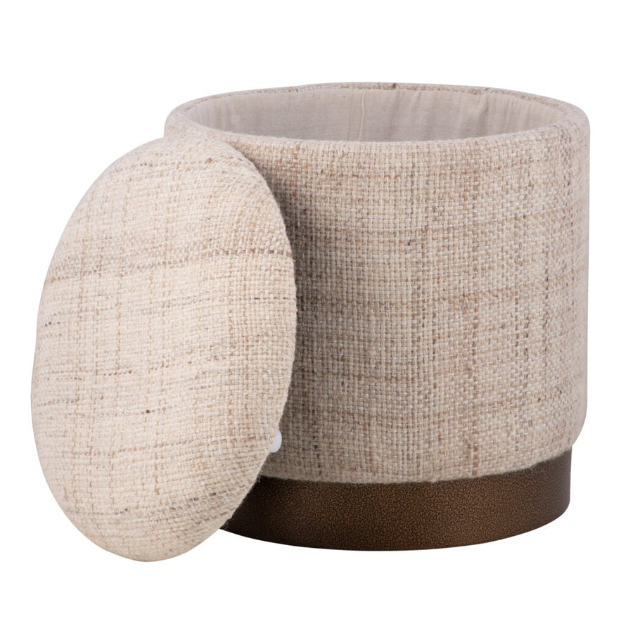 Beige Solid Handwoven Storage Ottoman with Hammered Metal Base