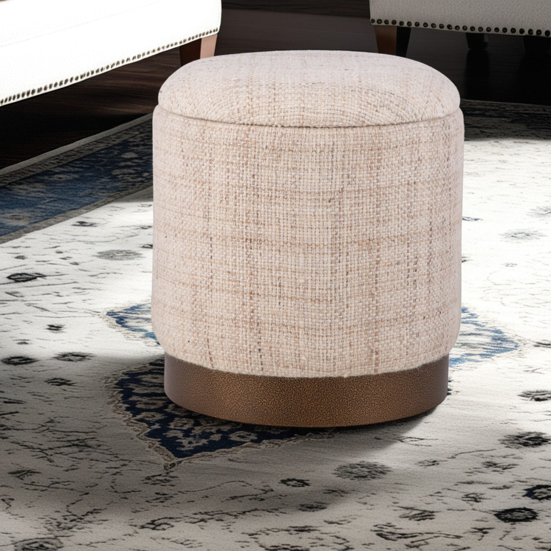 Beige Solid Handwoven Storage Ottoman with Hammered Metal Base
