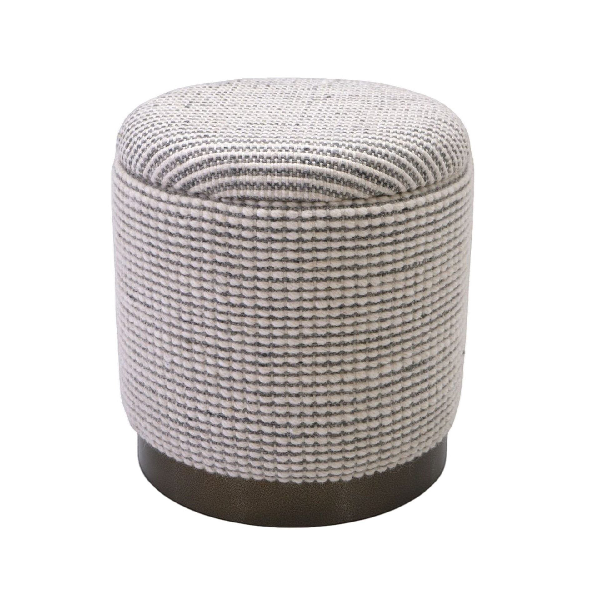 Ivory & Grey Stripe Handwoven Storage Ottoman with Hammered Metal Base