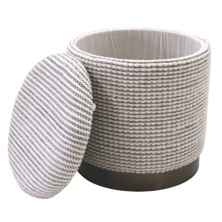 Ivory & Grey Stripe Handwoven Storage Ottoman with Hammered Metal Base