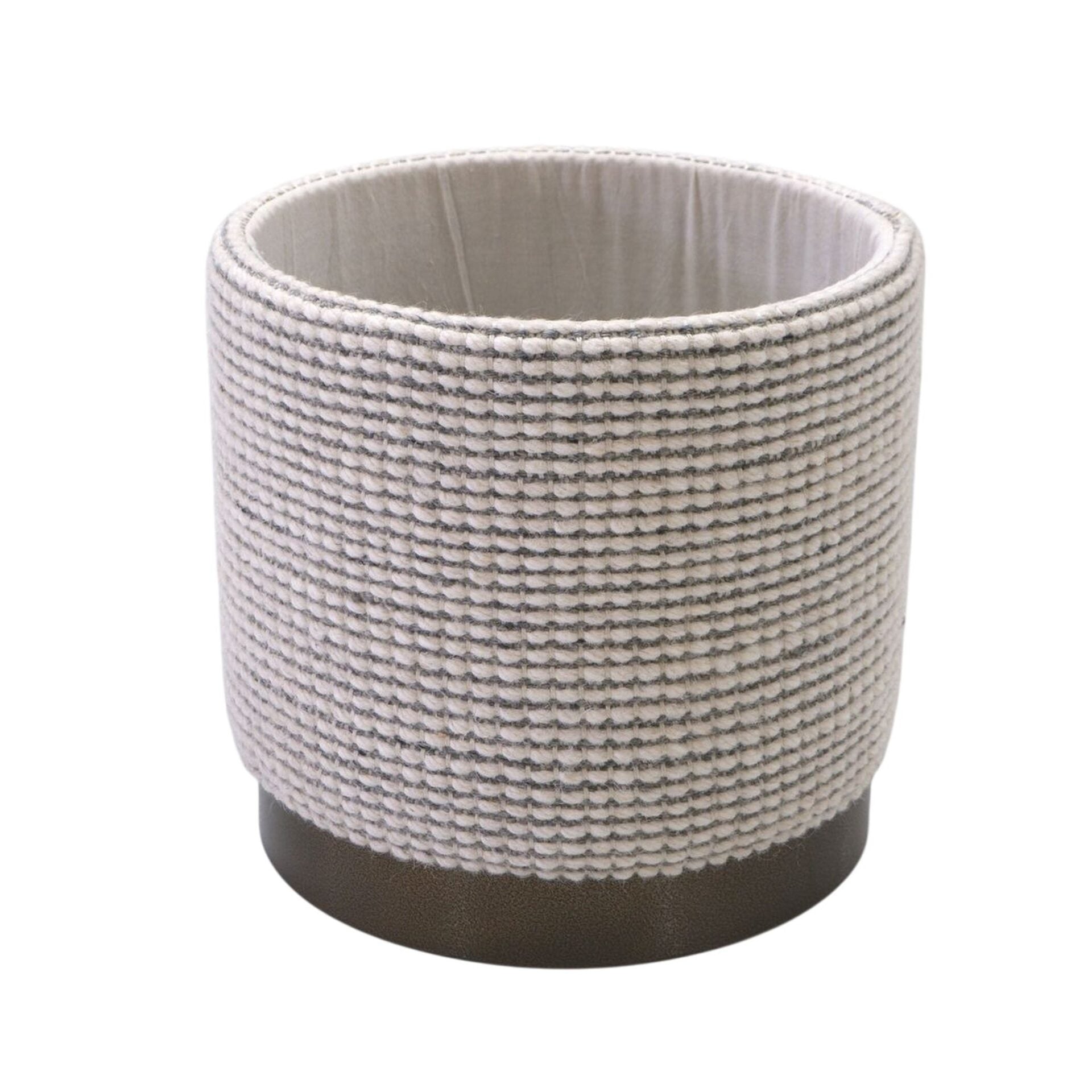 Ivory & Grey Stripe Handwoven Storage Ottoman with Hammered Metal Base