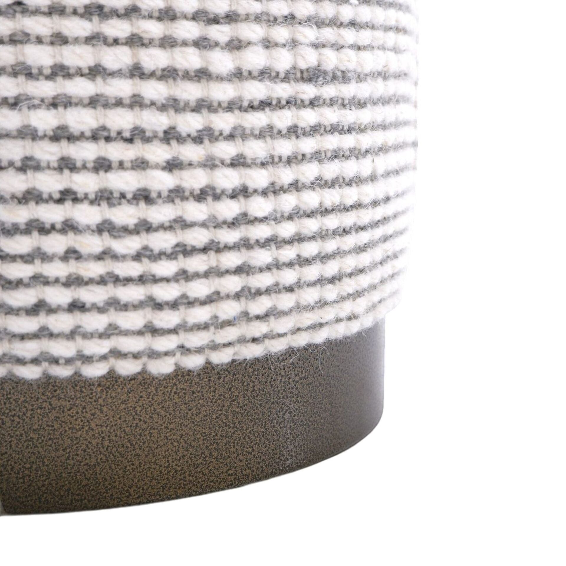Ivory & Grey Stripe Handwoven Storage Ottoman with Hammered Metal Base