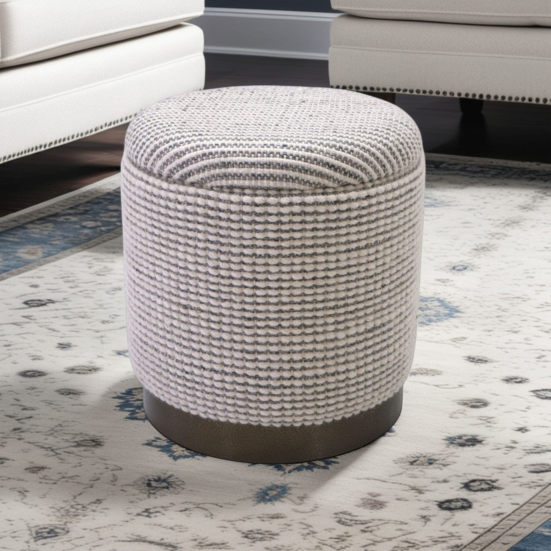 Ivory & Grey Stripe Handwoven Storage Ottoman with Hammered Metal Base
