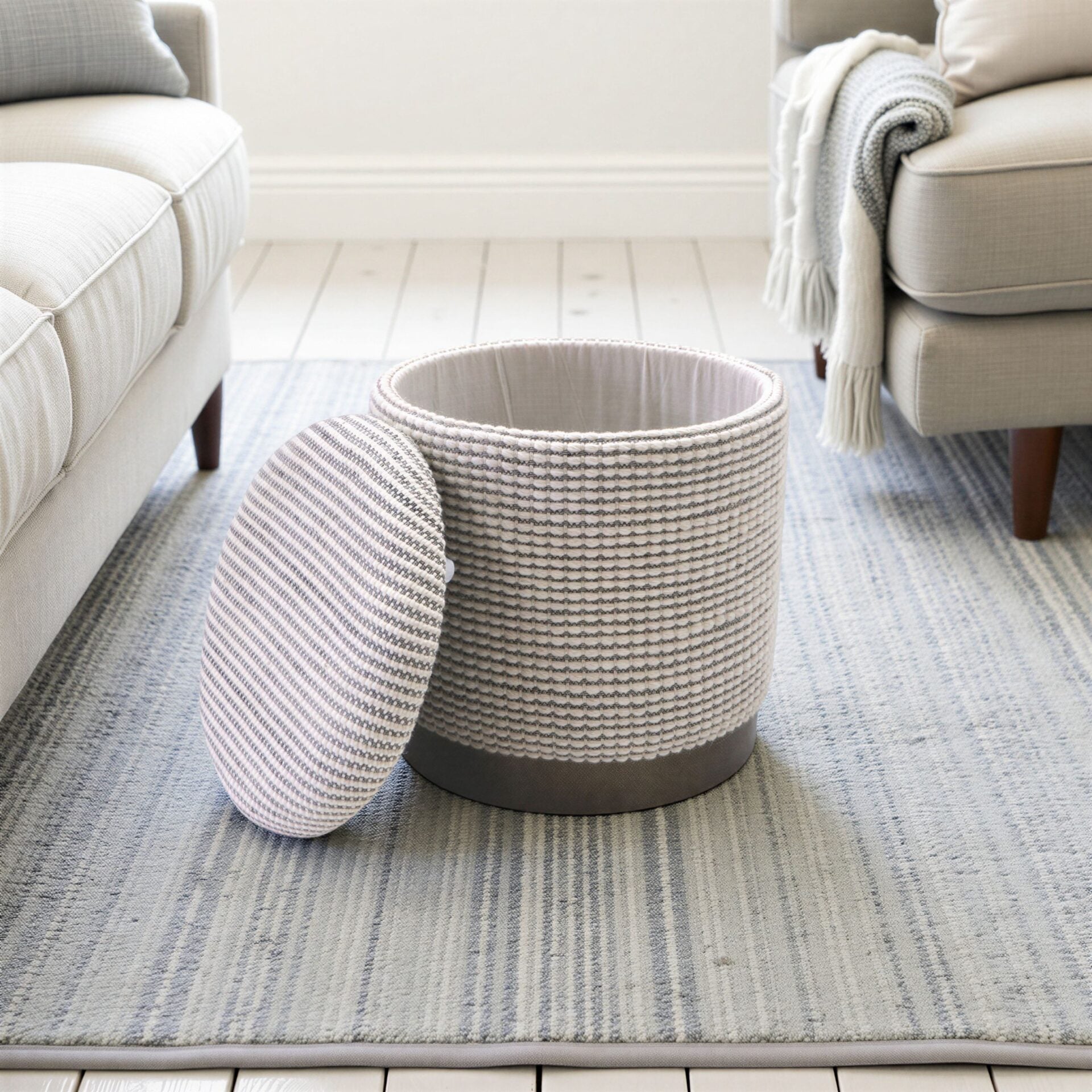 Ivory & Grey Stripe Handwoven Storage Ottoman with Hammered Metal Base