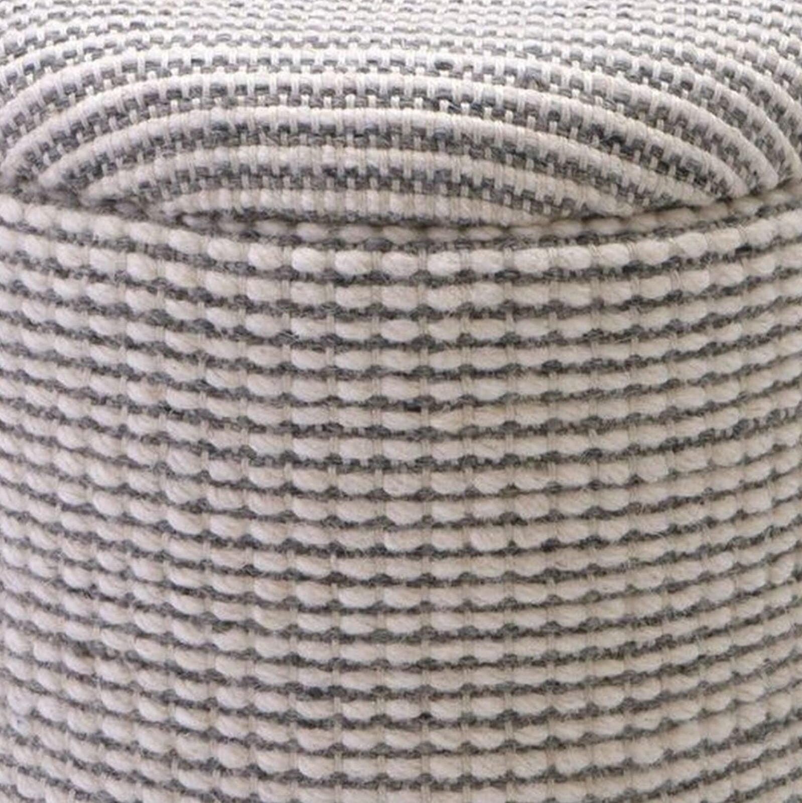 Ivory & Grey Stripe Handwoven Storage Ottoman with Hammered Metal Base