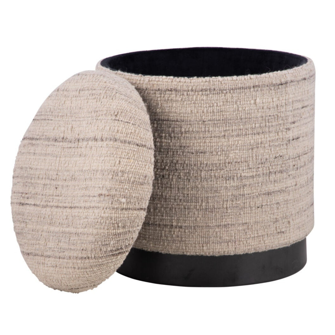 Natural Grey Solid Handwoven Storage Ottoman with Matte Black Metal Base